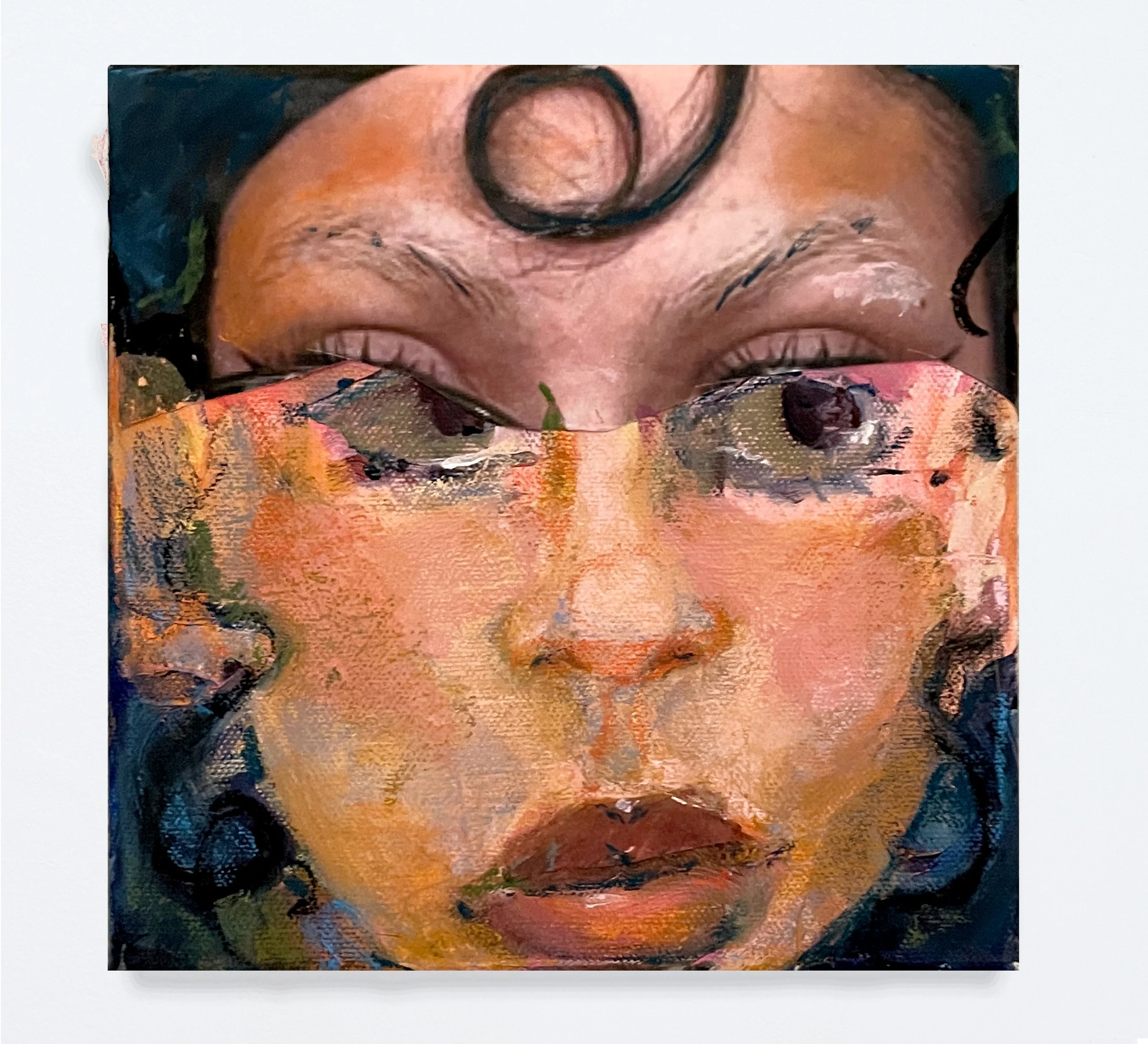  Pinned Perfect  Oil paint, chalk pastel, charcoal, and printed image on canvas&nbsp;  12”x12”  2025 