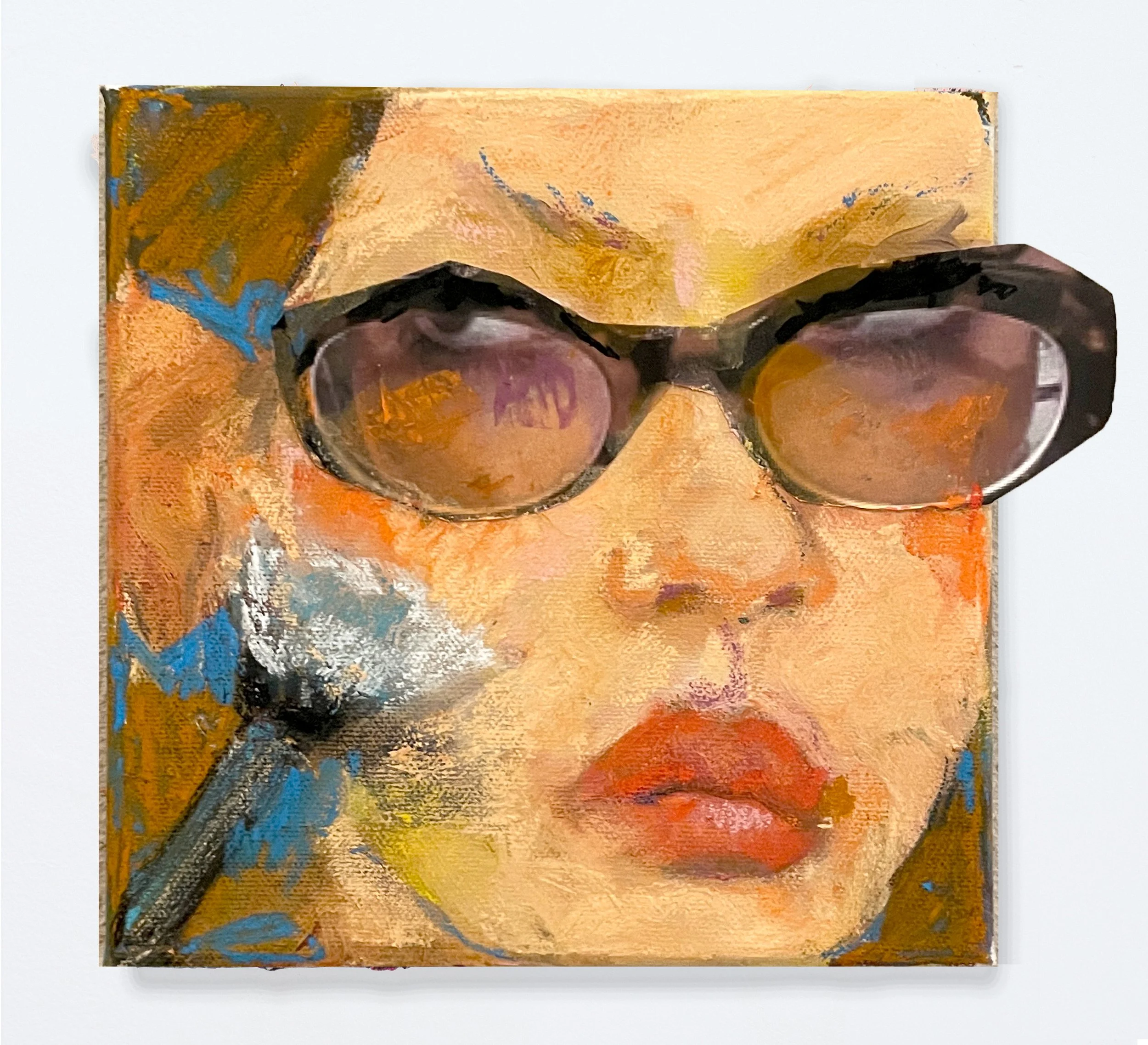  Flush  Oil paint, chalk pastel, charcoal, and printed image on canvas&nbsp;  12”x12”  2025 