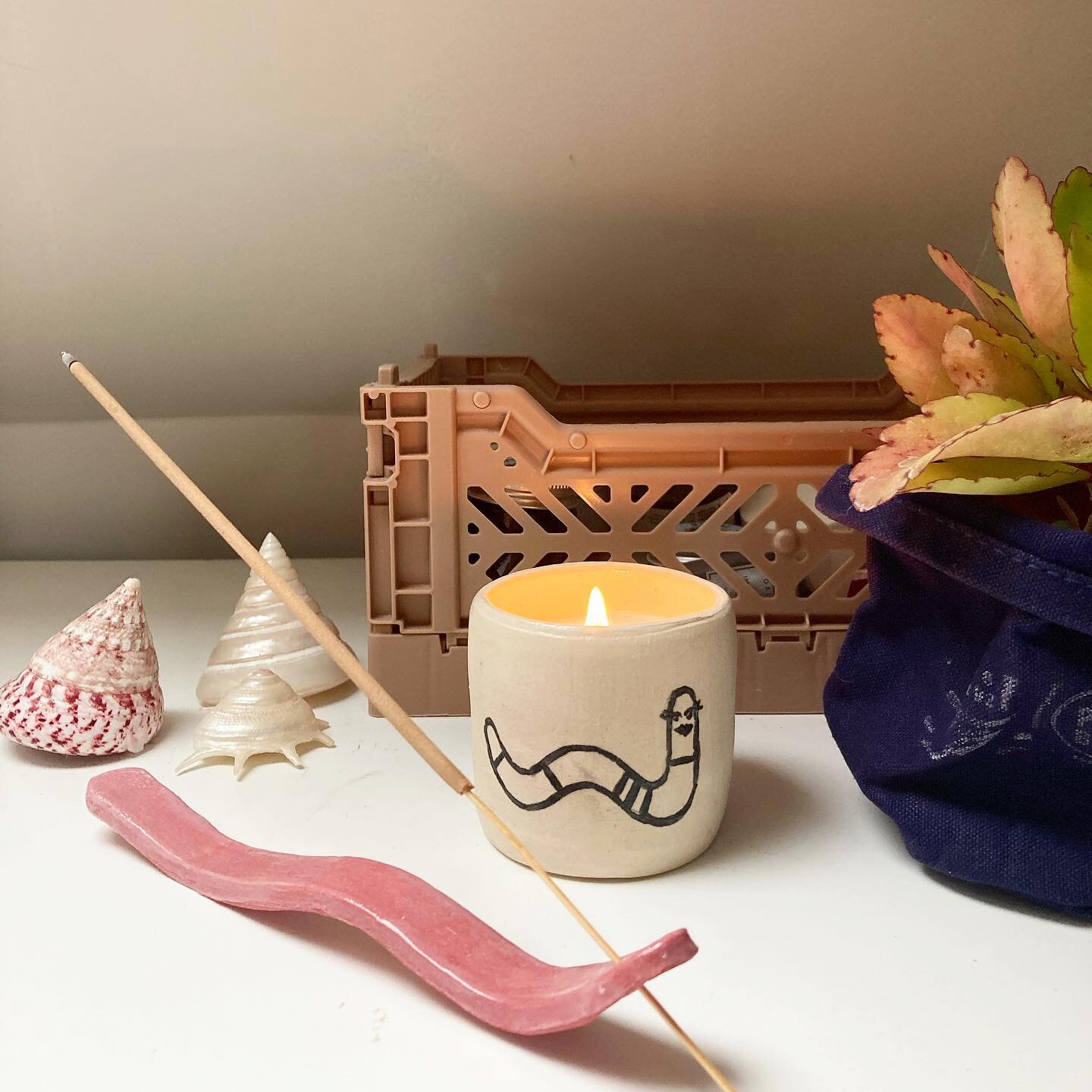 There are still a few wormy 🪱 candles available online and there&rsquo;s one worm incense holder left! The candles smell like a mossy, slightly spiced forest after it&rsquo;s rained. 

I&rsquo;m working on the next homeware collection which will inc