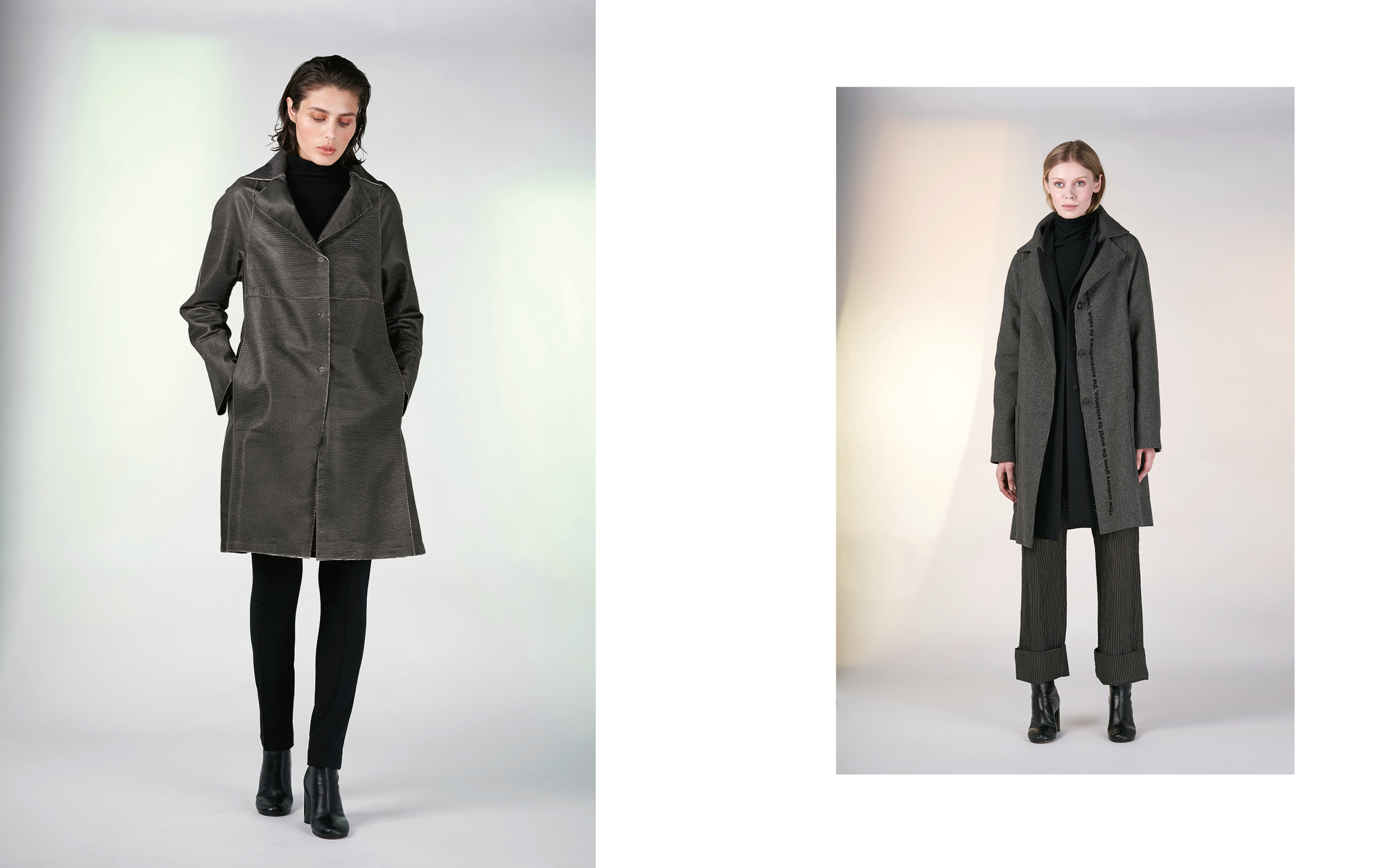 LEFT: coat GUSTO 27902-48 | jumper CITY 27501-08 | pants ALAO 27100-08 RIGHT: coat SIRON 1 27123-43 | jacket ALMA 27100-08 | jumper CITY 27501-08 | pants HANK 27109-48