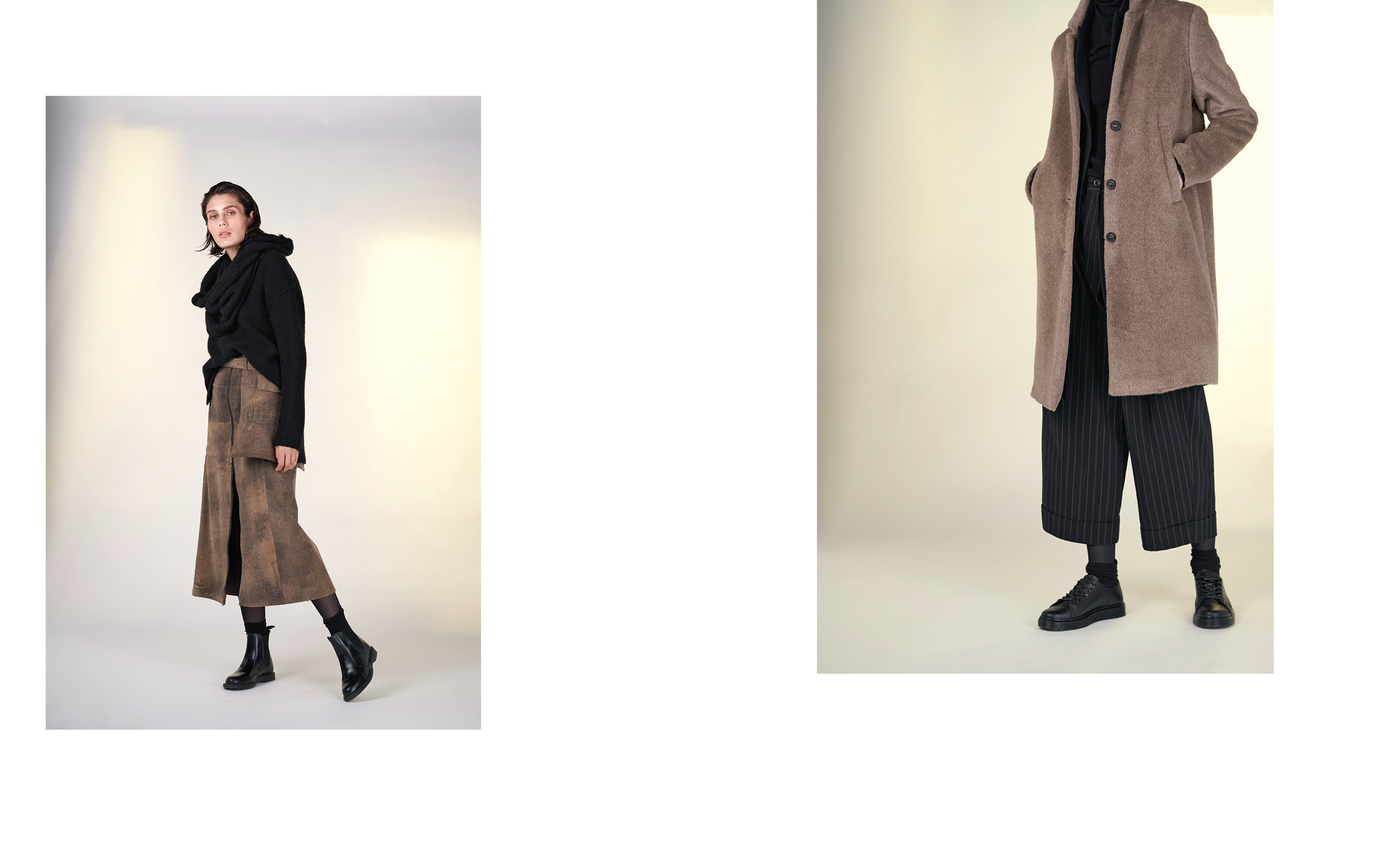 LEFT: jumper SHIRI 27512-08 | skirt FINA 27900-70 | belt FILIP 27900-70 | scarf TIAM 27505-08 RIGHT: coat GIN 27132-17 | jacket ALMA 27100-08 | pants UTZ 27133-48