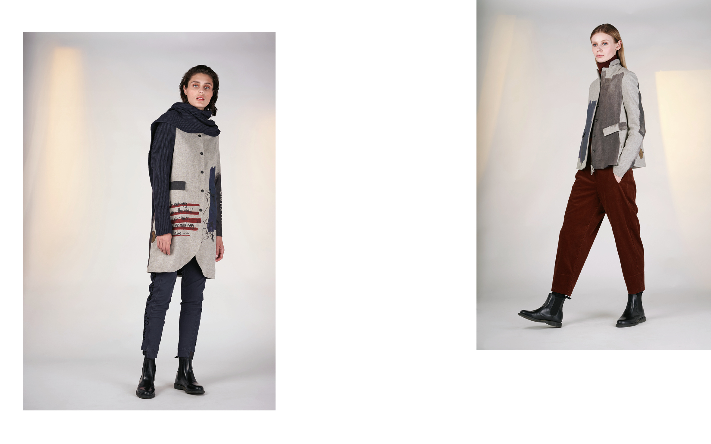 LEFT: jacket KINA 1 27113-40 | pants VEGAS 1 27160-66 | scarf SIM 27503-66 RIGHT: jacket KILIS 1 27113-40 | jumper BUCK 27500-05 | pants FER 27107-05