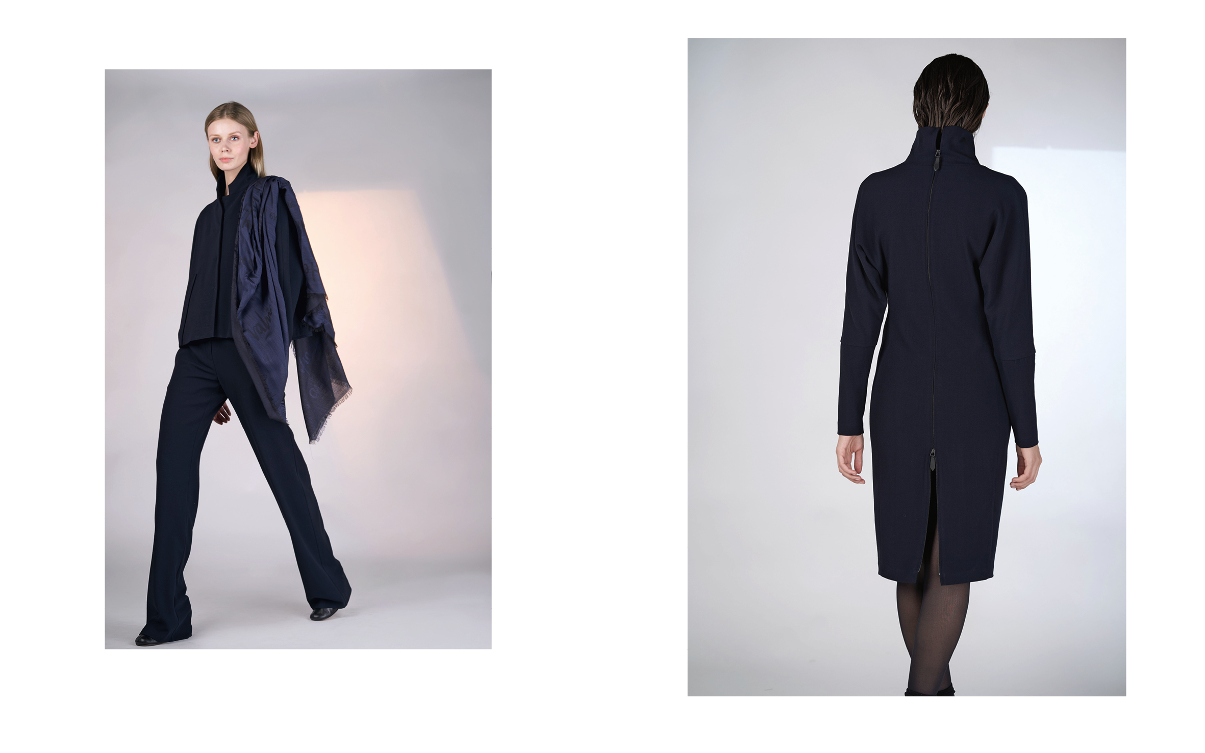 LEFT: jacket ALIA 27100-06 | pants ALI 27100-06 | scarf NIC 27407-06 RIGHT: dress ALICE 27100-06