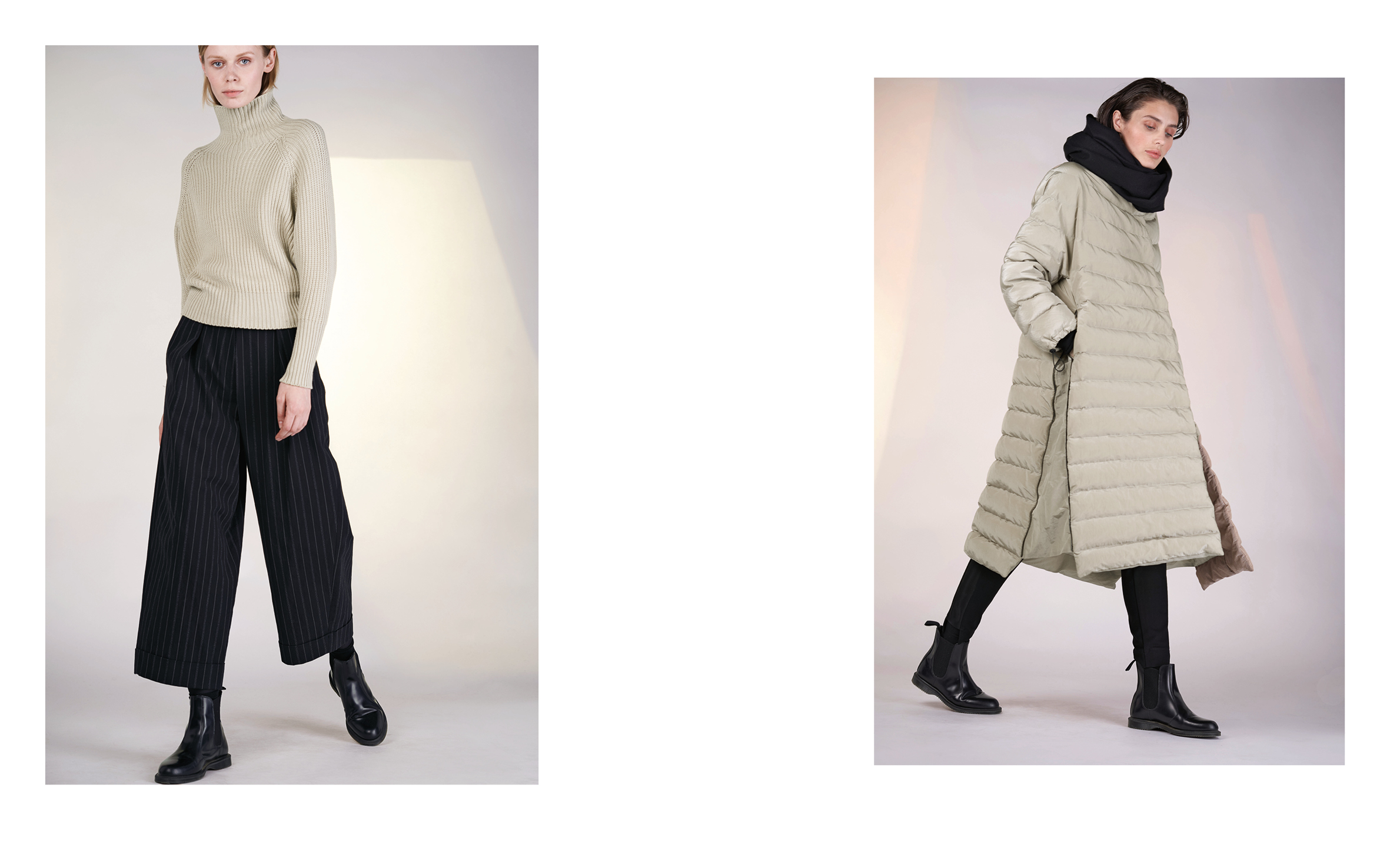 LEFT: jumper SIMON 27503-40 | pants UTZ 27133-48 RIGHT: coat GOFI 27121-40 | pants PI 27118-08 | scarf POKER 27401-08
