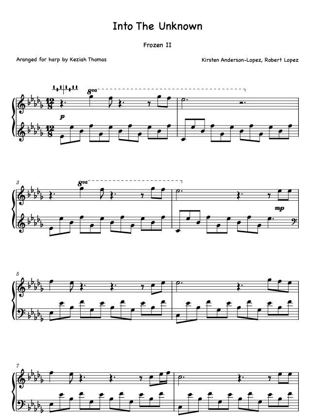 Into the Unknown from Frozen II PDF sheet for solo PEDAL harp — Keziah Thomas Concert Harpist