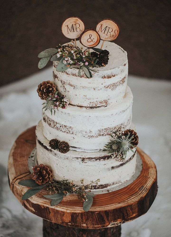 Naked wedding cake _ Rustic wedding cake decorated with pine cones + slice of wood as wedding cake topper display on slice of wood_.jpeg