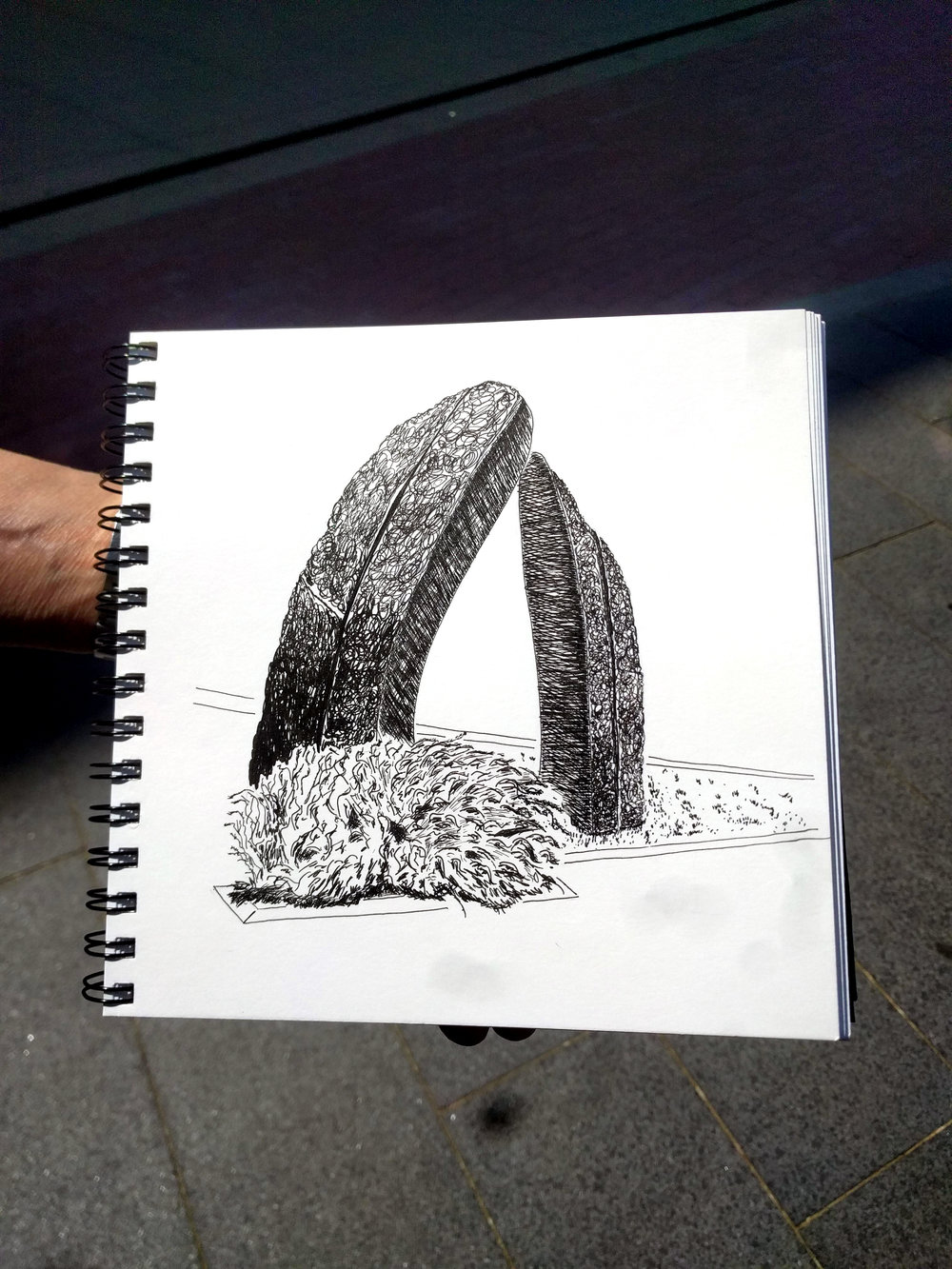Cherie Fisk, ink on paper, inspired by Beverly Pepper's "Denver Monoliths"