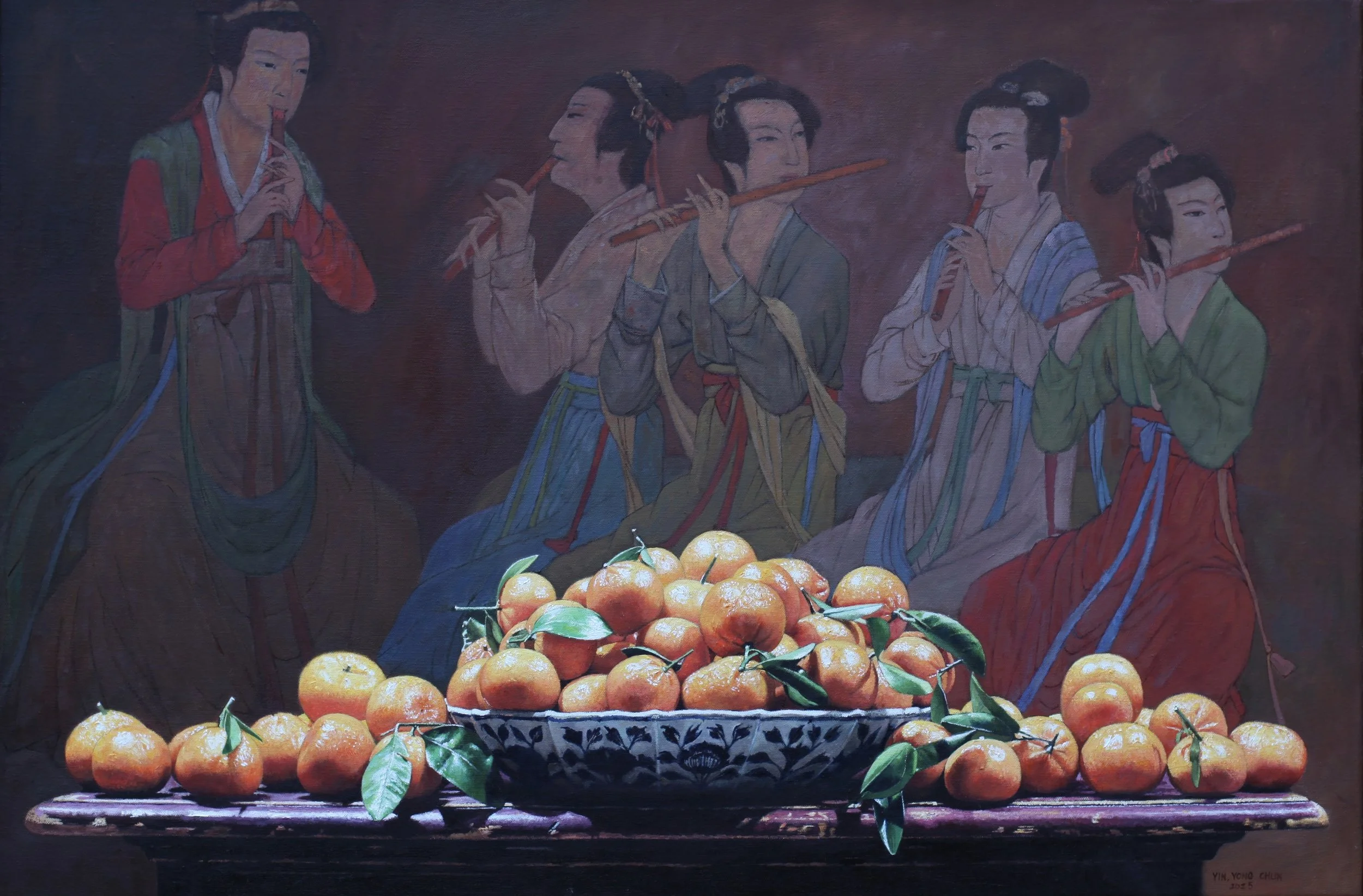 Oranges and women playing musical instrument 