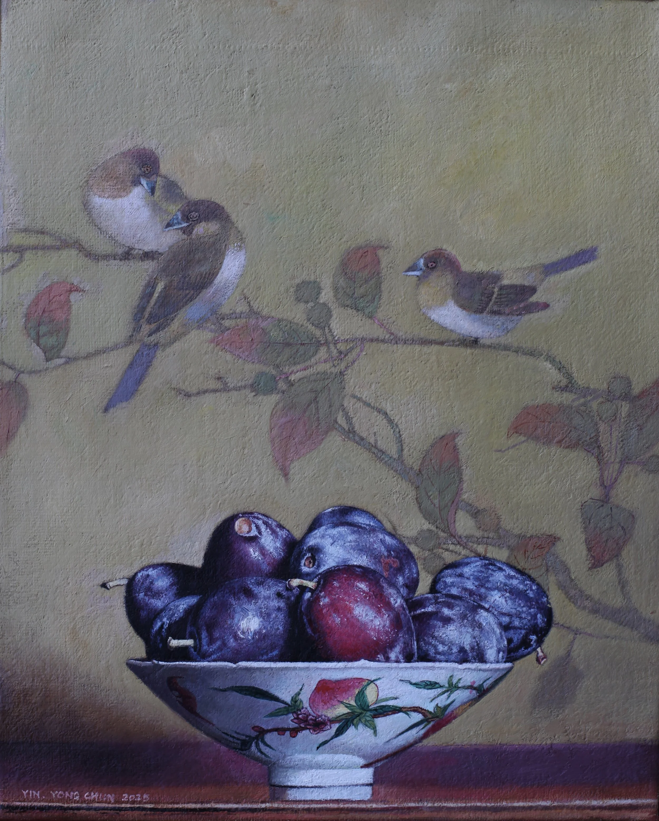Black plums and  three birds 