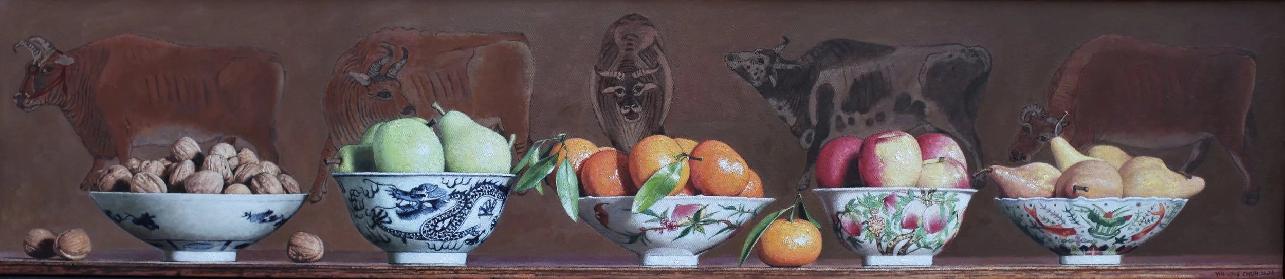Fruit and Walnuts in the Bowls with Five Cows