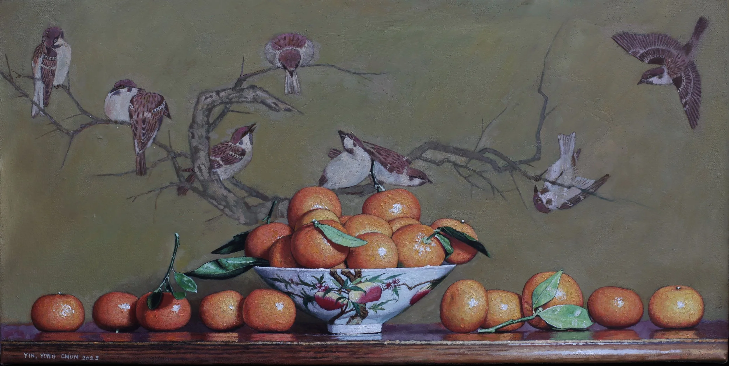 Oranges with birds