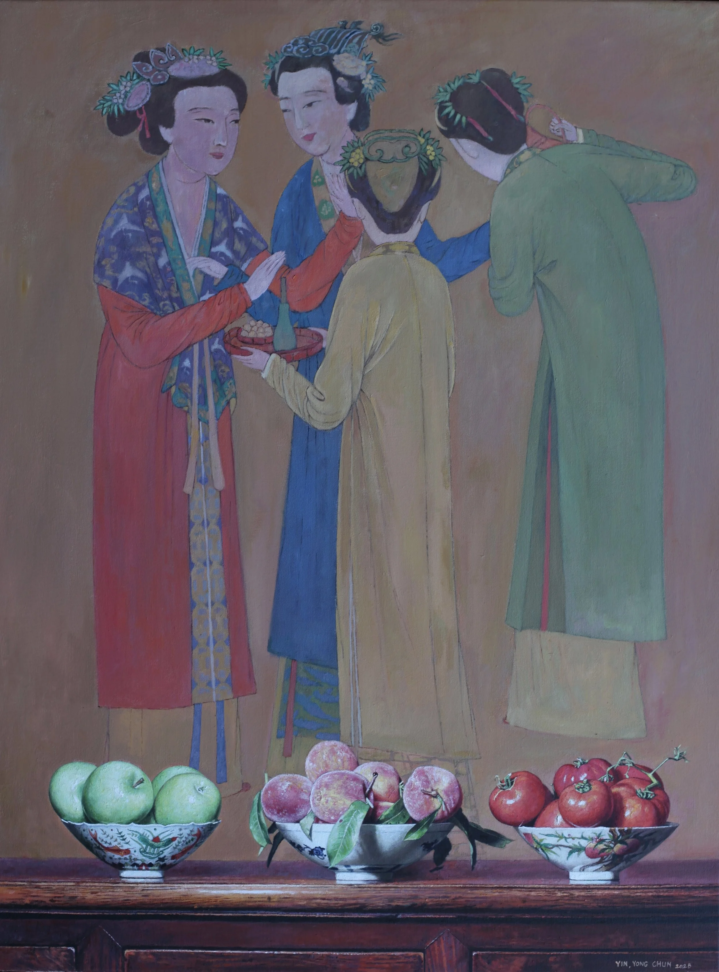 Fruits in the bowls and Ancient  Chinese panting 