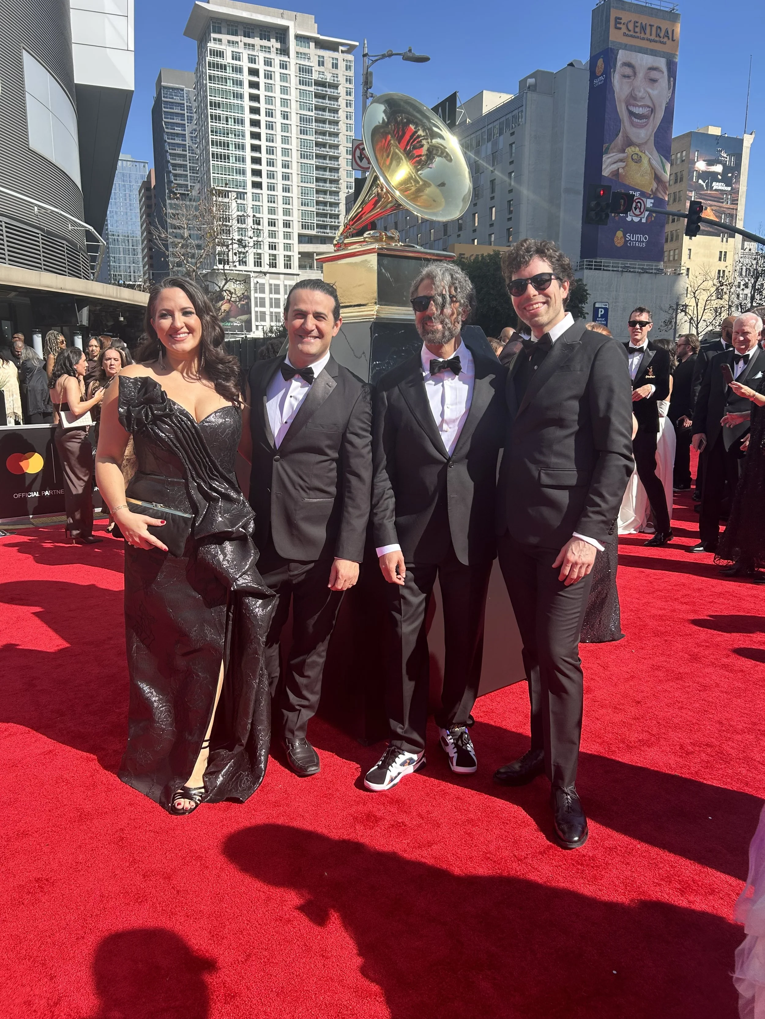  at the 2026 Grammy Awards Red Carpet with Nicole Zuraitis, Dan Pugach, Idan Morim 