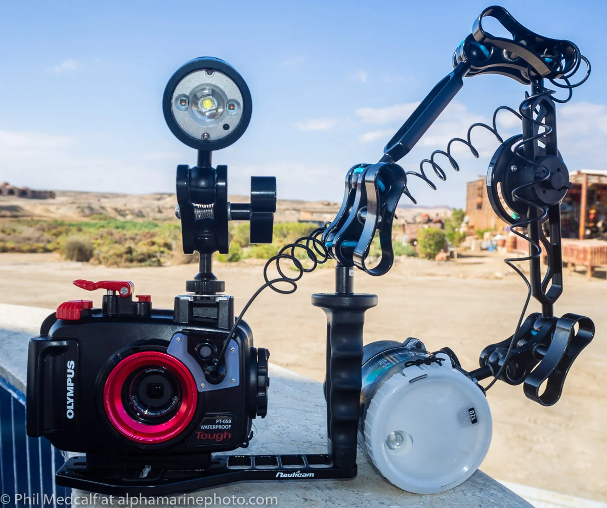 Housing, strobe setup and focusing light ready for a dusk dive.
