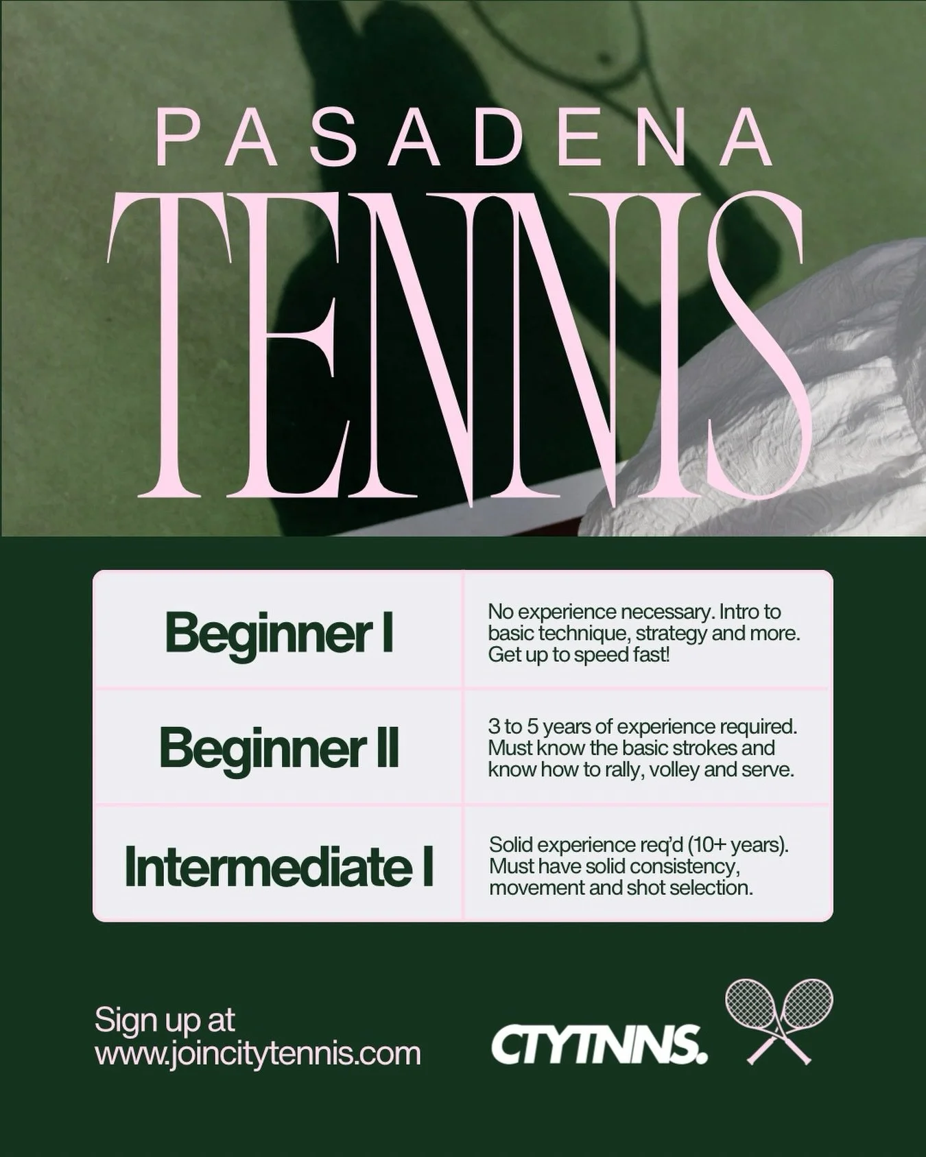 Our 3 most popular levels. If you are a complete beginner, it will take a few years of dedication to reach intermediate level. You should be playing tennis 3-4 times per week. Do group lessons to meet other players your level and find practice partne