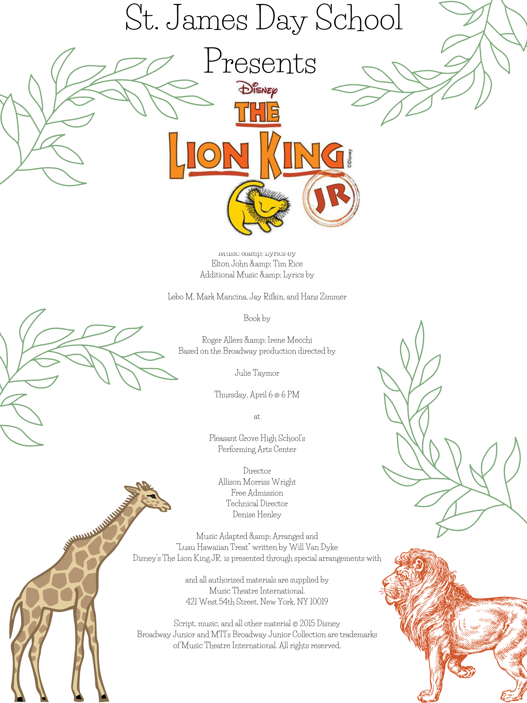 lion kingSt. James Day School Presents Music _amp_ Lyrics by Elton John _amp_ Tim Rice Additional Music _amp_ Lyrics by Lebo M, Mark Mancina, Jay Rifkin, and Hans Zimmer Book by Roger Allers _amp_ Irene Mecchi Based on the Br.png