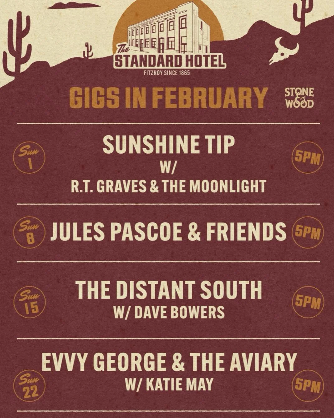 A few familiar faces and a few new ones for our gigs this month.

Despite Feb being a &lsquo;lil short it still packs a punch! 
Don&rsquo;t miss any of these fantastic gigs over the next four weeks.

Live music from 5pm to 7pm every Sunday.
Free Entr