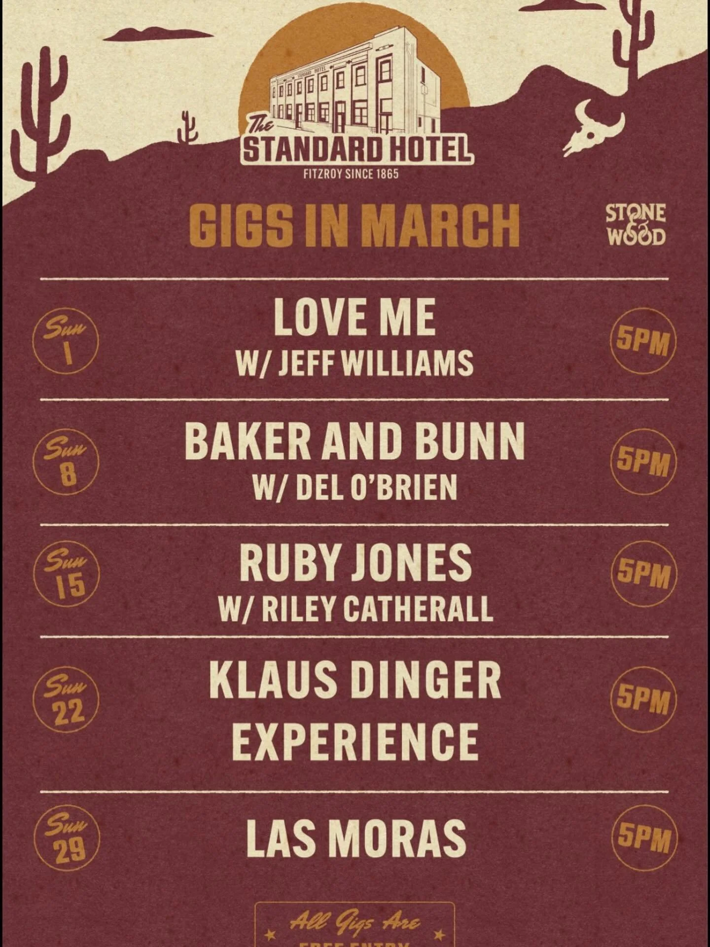 Saddle up for a big month ahead 👀

We are jam packed in March with loads of great gigs! Always free and always on Sundays. 

1st March
LOVE ME
JEFF WILLIAMS

8th March 
BAKER AND BUNN
DEL O&rsquo;BRIEN
@amarillo_band 

15th March
RUBY JONES (Band) 
