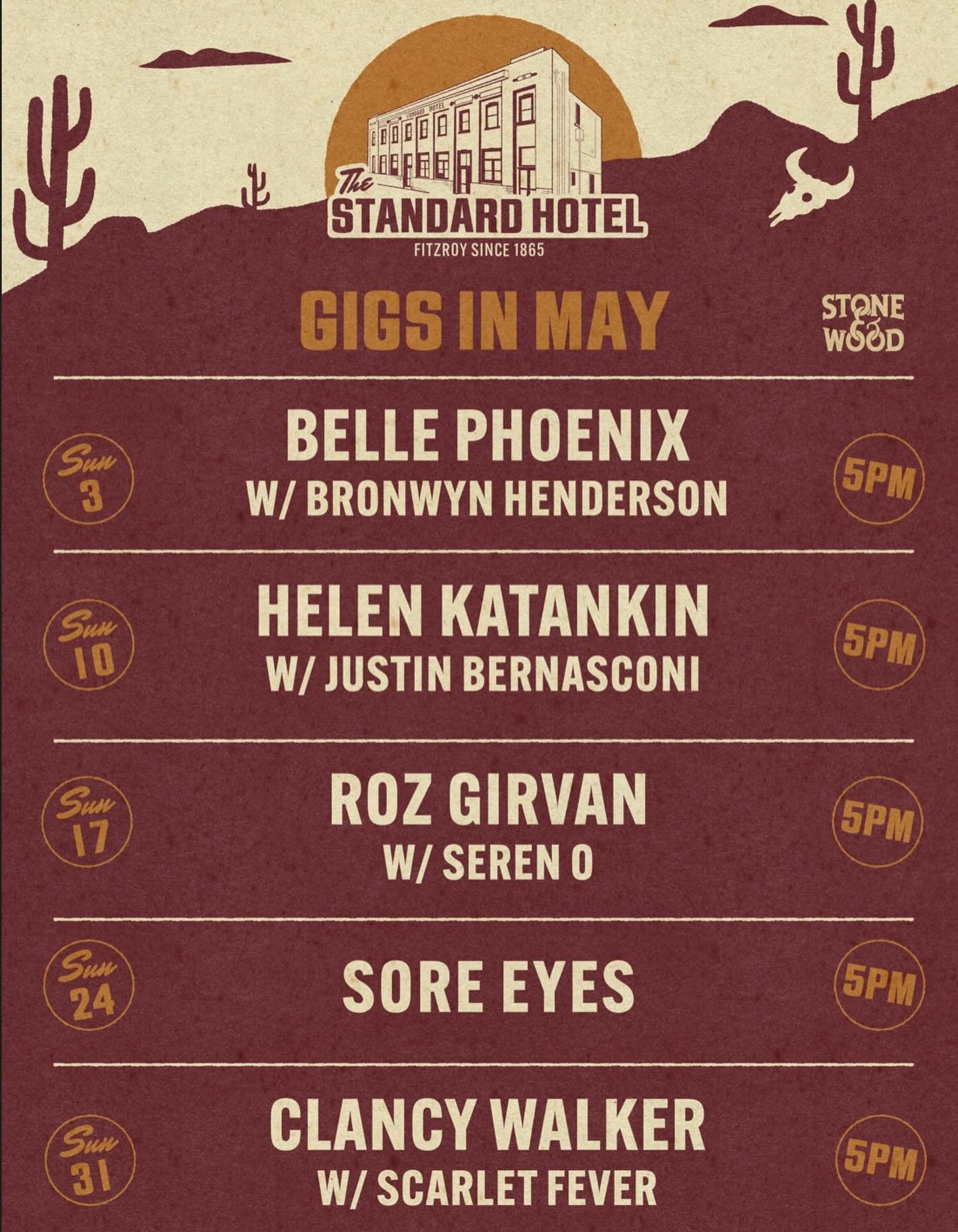 May&rsquo;s line up is here!
An exciting month ahead with a few familiar names and a few new ones

Every Sunday, 5-7pm, free entry

Sunday 3rd
Belle Phoenix
w/ Bronwyn Henderson

Sunday 10th
Helen Katankin
w/ Justin Bernasconi 

Sunday 17th
Roz Girva