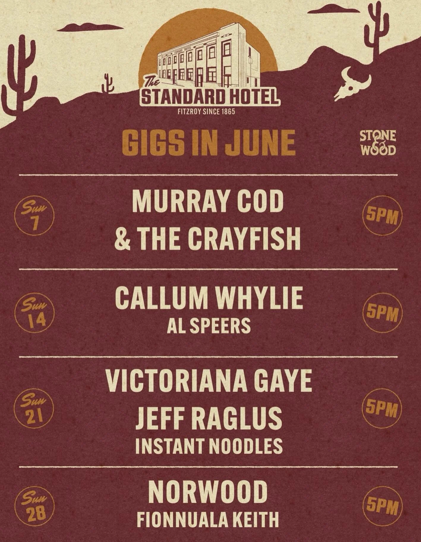 Kicking off winter with a great June line up!

All gigs are free and run from 5-7pm every Sunday

Sunday 7th
Murray Cod &amp; The Crayfish

Sunday 14th
Callum Whylie
w/ Al Speers

Sunday 21st
Victoriana Gaye
Jeff Raglus 
w/ Instant Noodles

Sunday 28