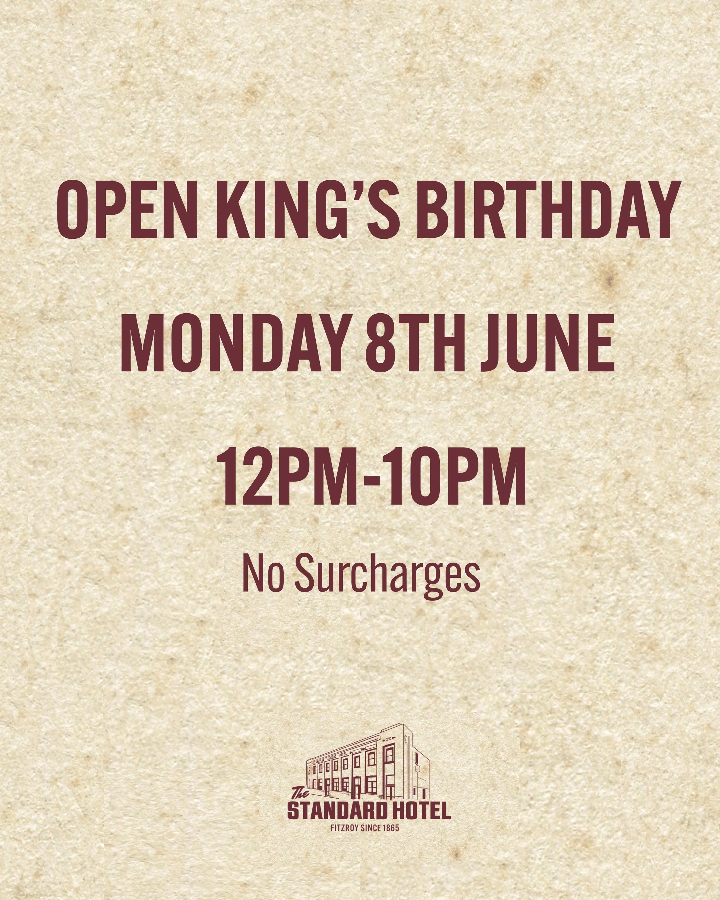 One more day off = one more day at the pub!

We&rsquo;ll be open from 12pm this Monday, with no Public Holiday Surcharges

Walk-ins welcome, or book a table via our website