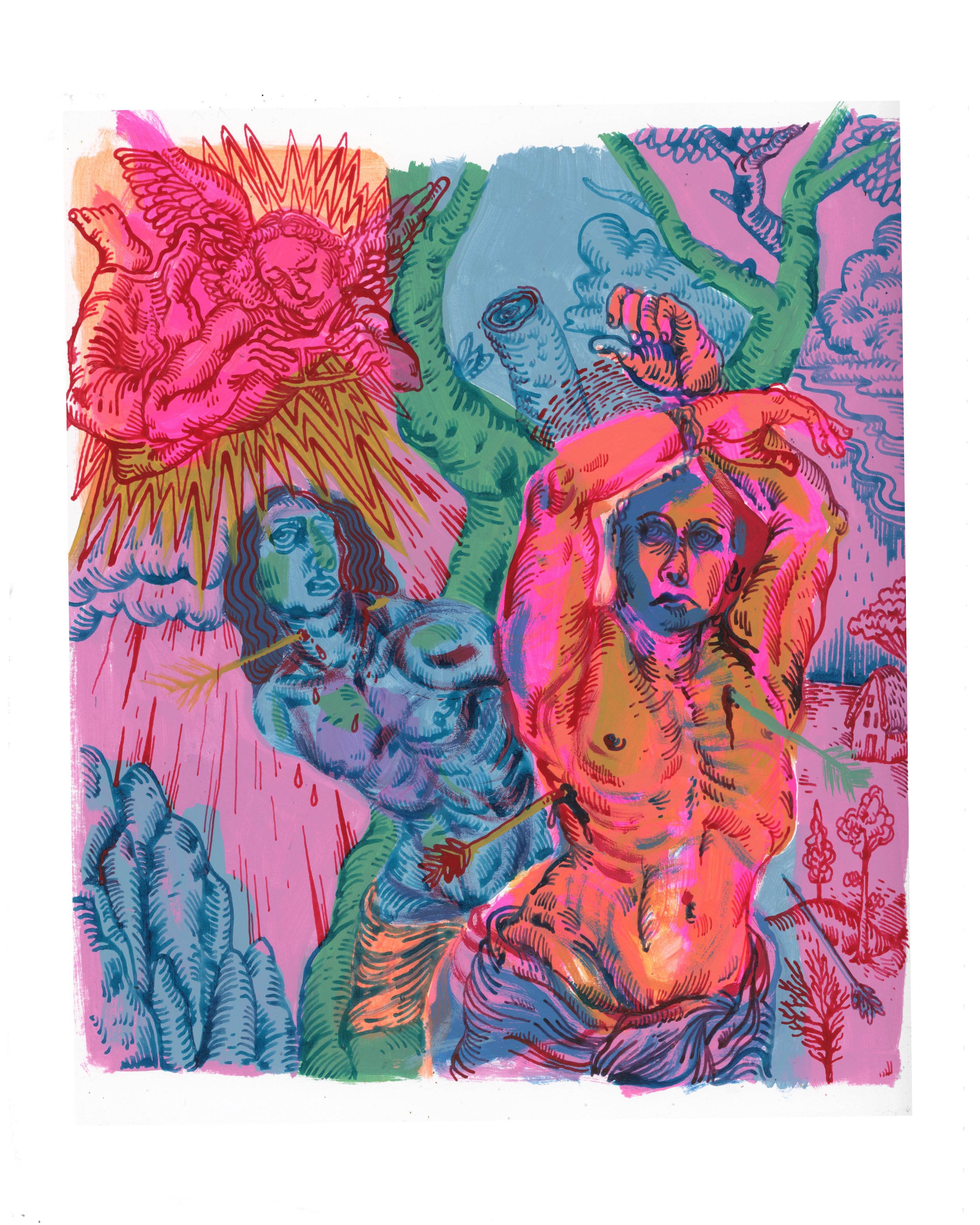 “The Ecstasy of Saint Sebastian” Oliver Jenkins • Philly, PA @oliverjenkinsart “Saint Sebastian, as portrayed beautifully in Derek Jarman's Sebastiane, is famous for his often homoerotic portrayal in art. In my painting I borrowed iconography from various classic paintings of Saint Sebastian and reassembled them as a sort of mixed media collage-drawing. It is the intersection of my upbringing in Christianity and my sexuality as it currently exists, a strange collage of ideology and identity. “