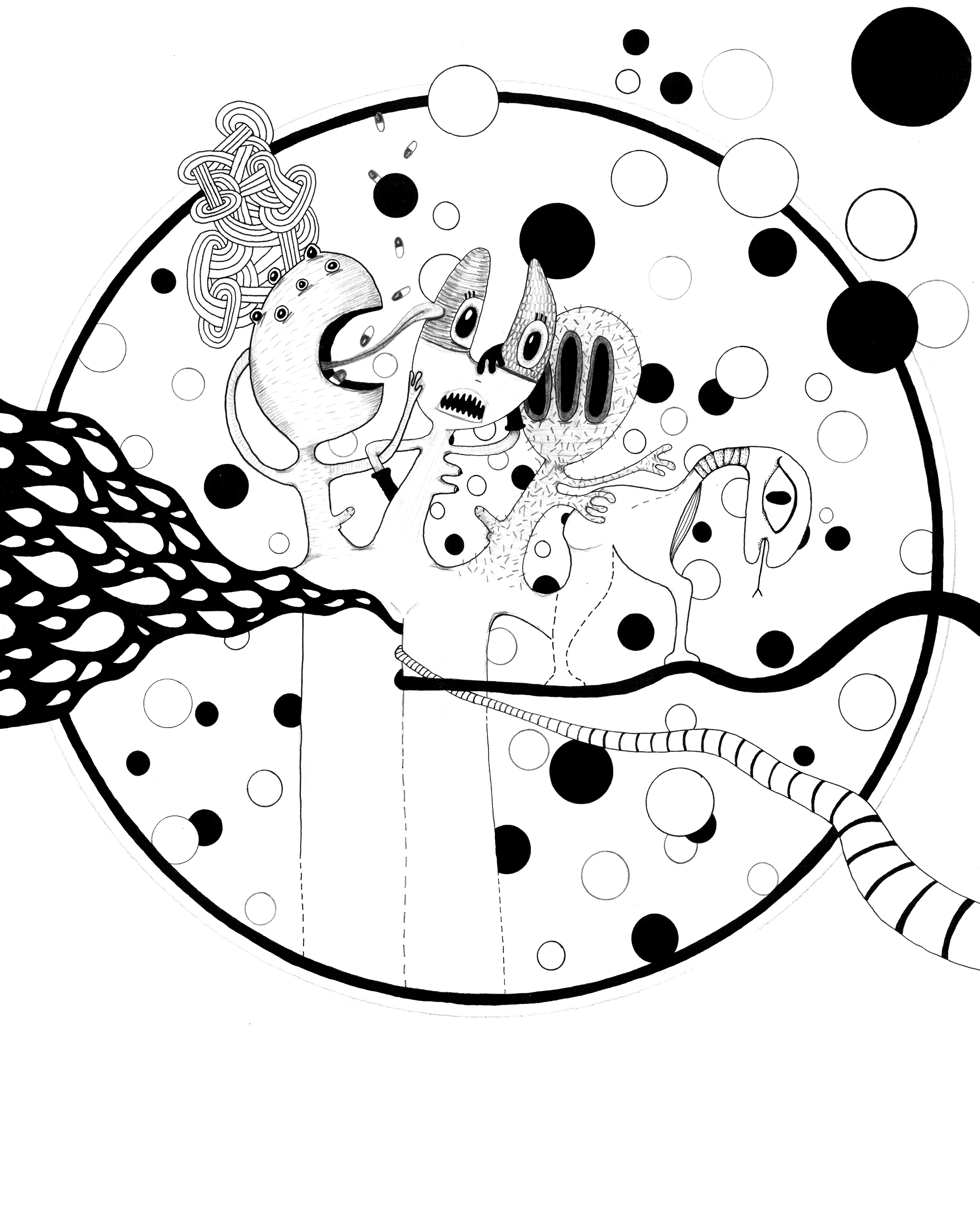 “Infidelity Icon” Zebulone Florine • Athens, Greece & France zebuloneflorine.com “Based on a strong body, these three characters are intertwined in order to produce a coherent continuum. They create a fourth character with this strange snake face walking on the line of life.”