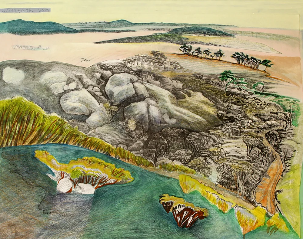 Kokebin (My Mother's Country) 550mm H x 750mm W Work in Progress, begun 2006. Pencil & Mixed Media on Arches Reeves Paper - AVAILABLE