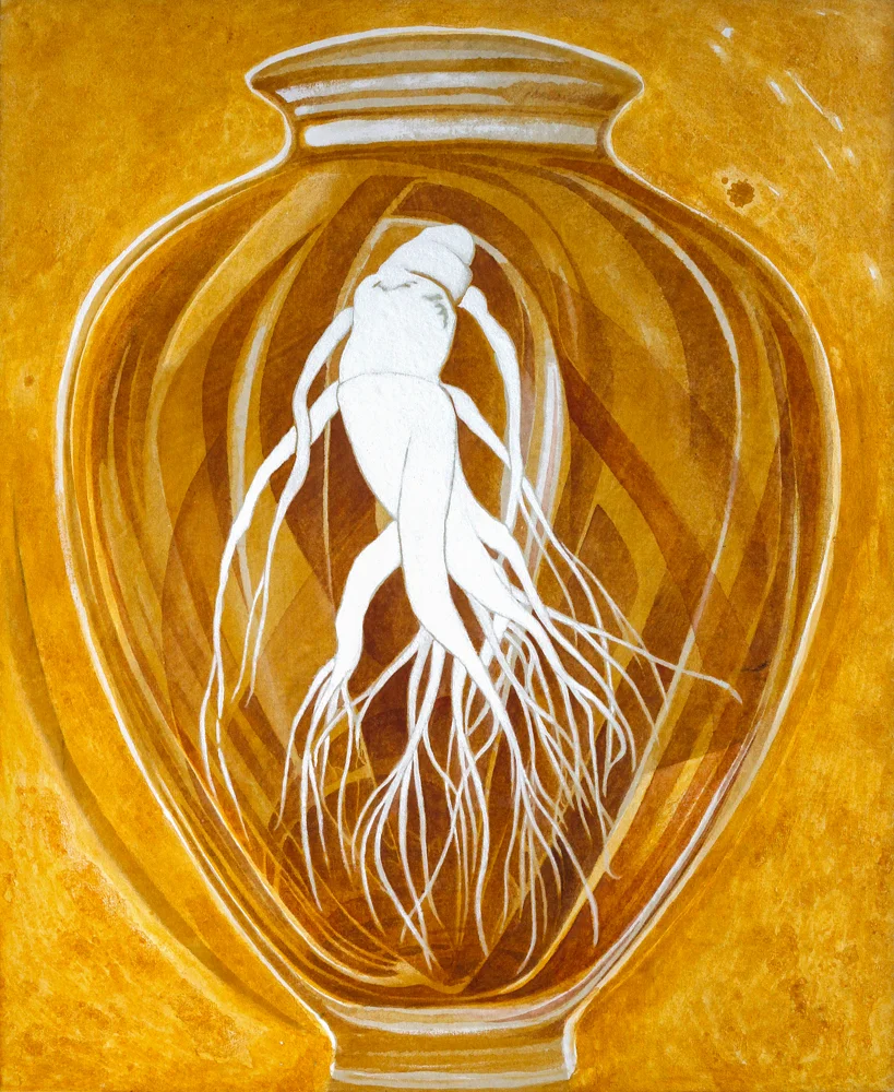 Vessel Ginseng 640mm H x 530mm W Oil and Mixed Media on Canvas Sold – Yang Jin Yong