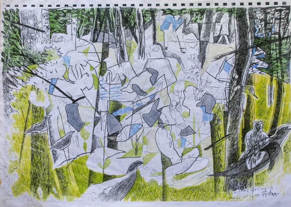 drawing for Bois de Bologne (Midsize) 210mm H x 297 W. Graphite and Aquarelle pencil on Arches Reeves paper