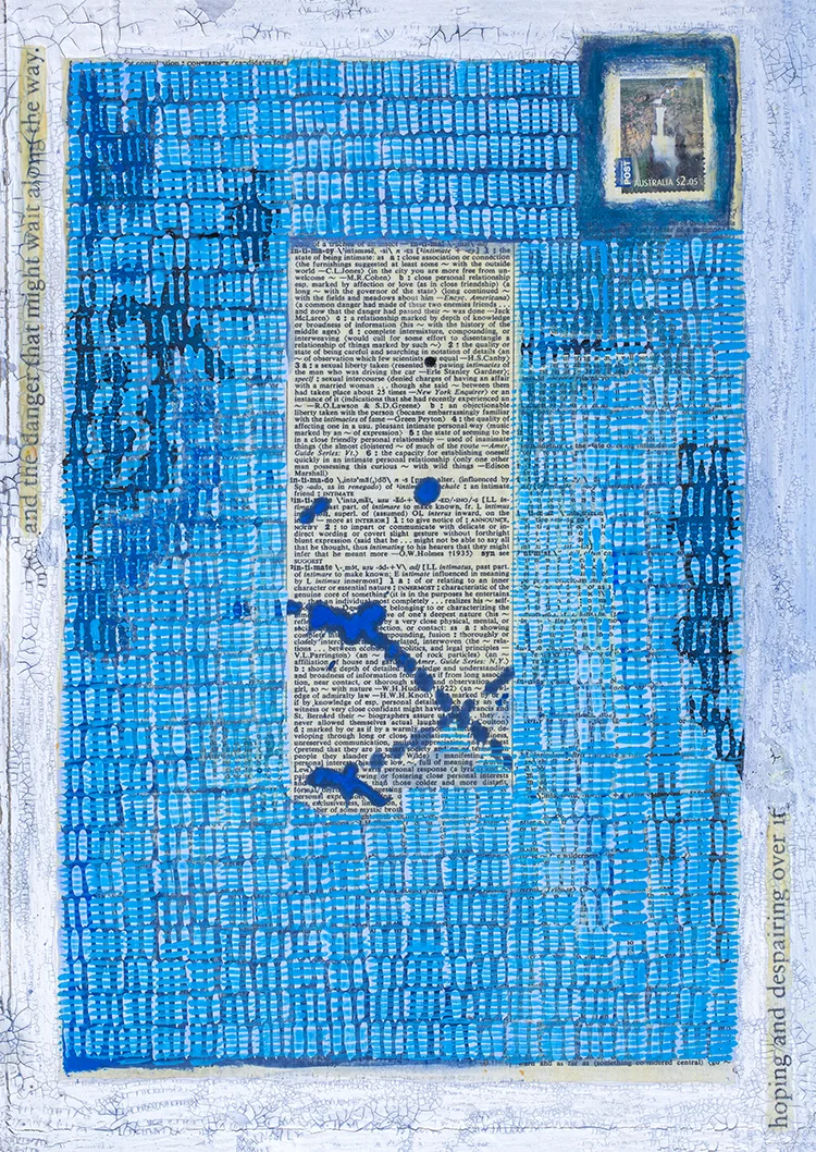 Intimacy 330mm H x 232mm W Oil, Collage & Mixed Media on Canvas In progress 2016-18