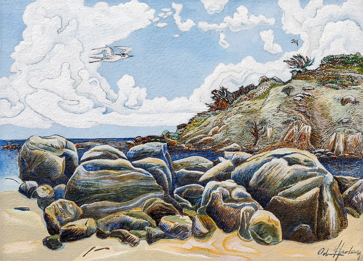 Rocky Island 200mm H x 270mm W Oil and Mixed Media Sold - Yang Jin Yong