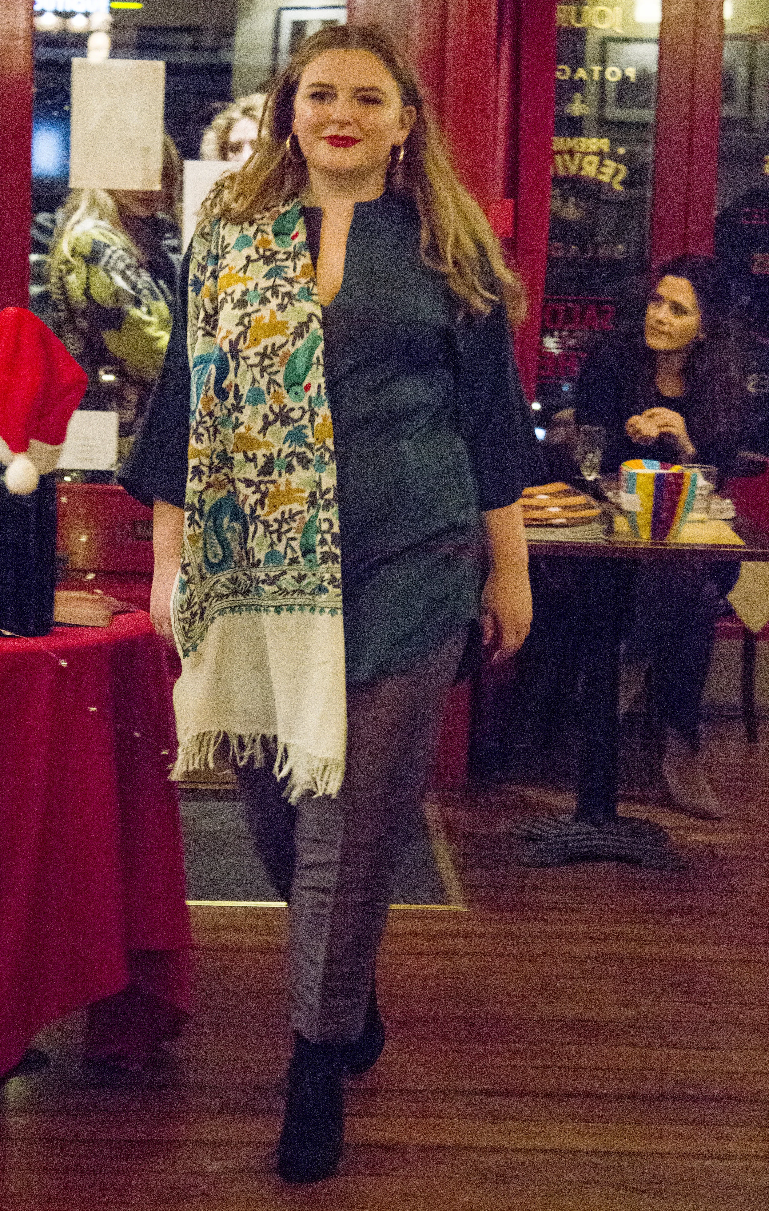 Lana wears the Jaadu silk dupion trousers, Raga wool tunic and embroidered wool shawl