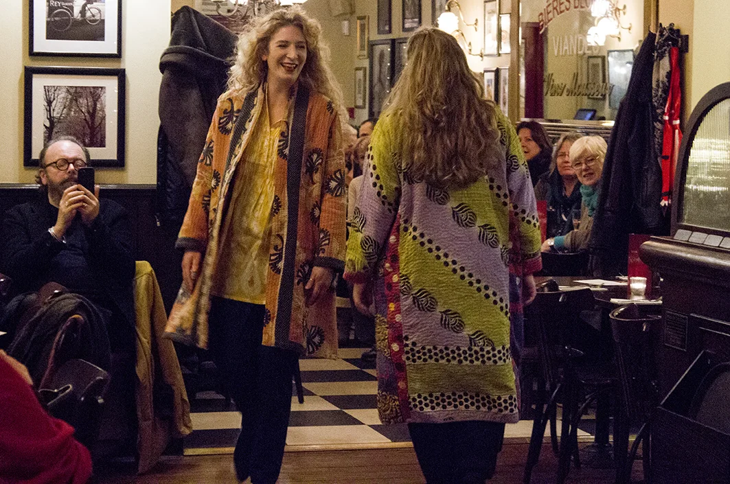 Amy and Lana wear the classic Jaadu kantha stitch robes