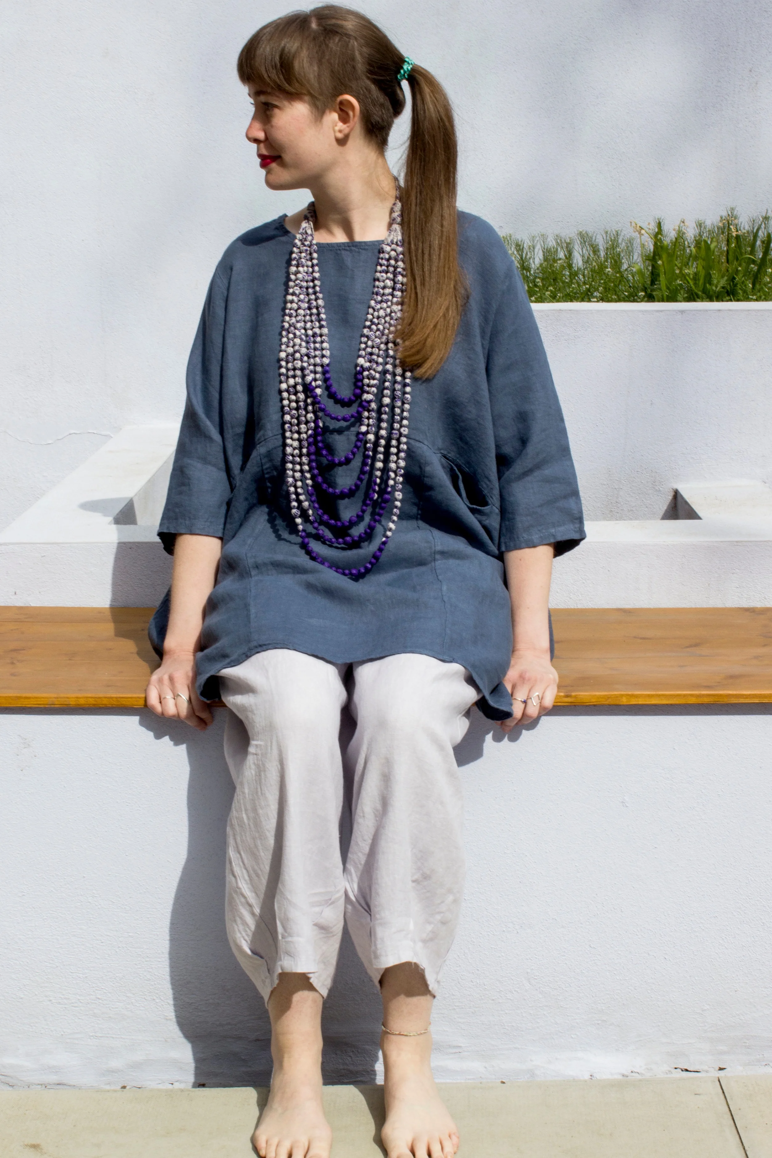 Treaty linen smock & pants & House of Wandering Silk sari necklace