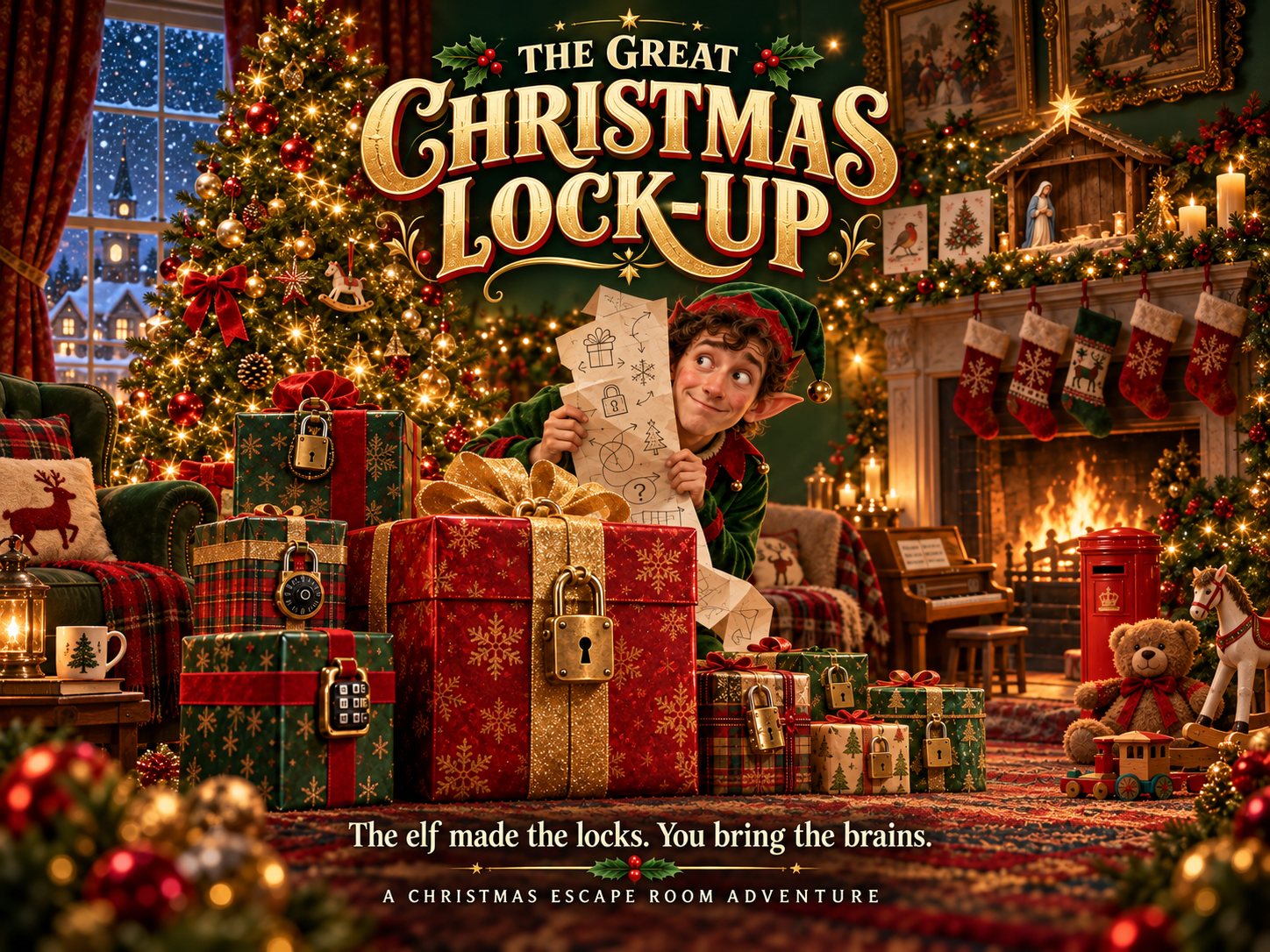 The Great Christmas Lock-Up escape room: Jingle the elf among locked presents in a festive sitting room, 2-6 players, ages 7+