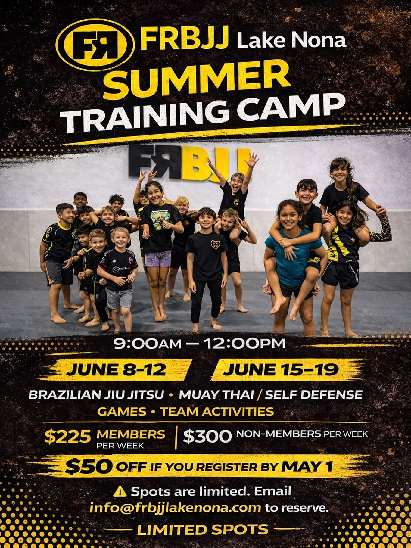 We&rsquo;re running Summer Training Camp this June 🥋☀️

Two weeks available:
June 8&ndash;12
June 15&ndash;19

🕘 9:00am&ndash;12:00pm

A mix of Brazilian Jiu Jitsu, Muay Thai / self defense, games, and activities to keep the kids active, learning, 