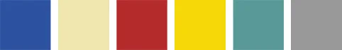 Blue, cream red, yellow, aqua, grey