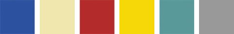 Blue, cream red, yellow, aqua, grey