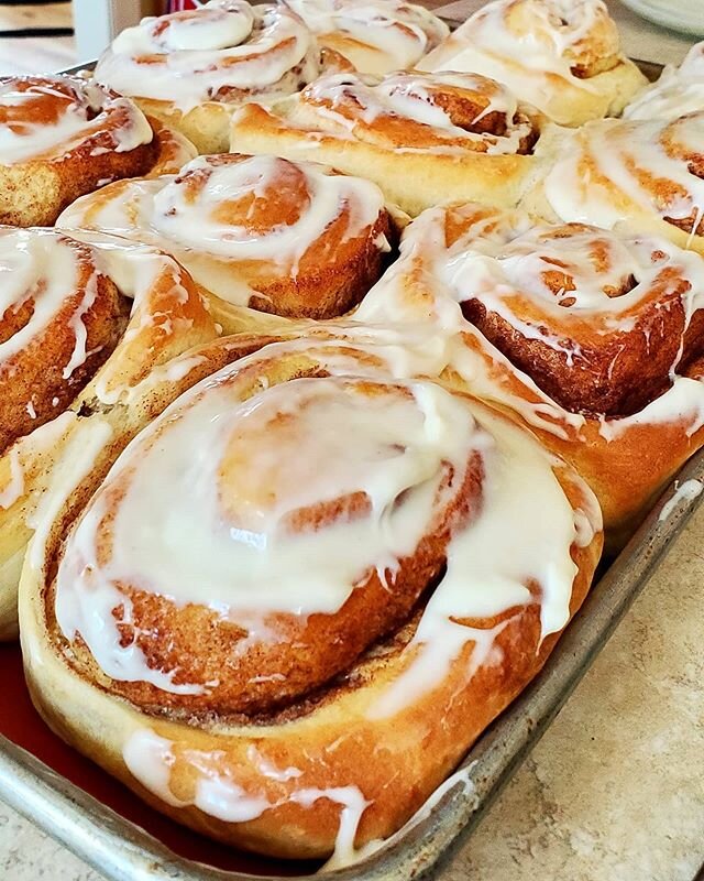 Getting spoiled at the parental unit's place! Can you believe these cinnamon rolls only took 1 hour from start to finish and are amaaaaaazing?! So good! Swipe right for the recipe! (For egg substitute, use finely ground flax seed. 1 TBSN flax to 2 TB