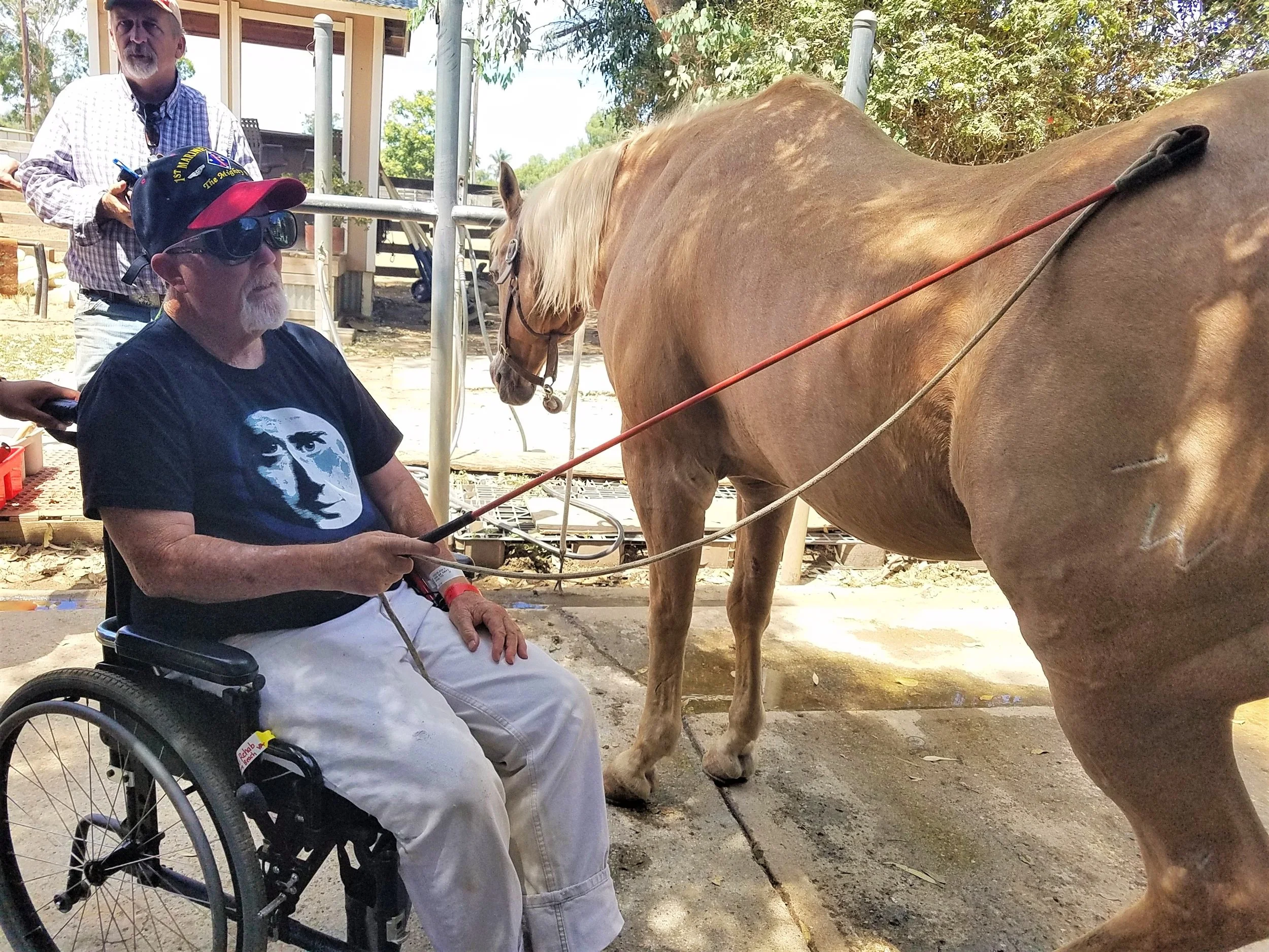 Working with veterans from the Long Beach Blind Rehab Center, and using a carrot stick to gently release tension (an adaptation of a Masterson Method technique) at Heaven's Ranch and Rescue.