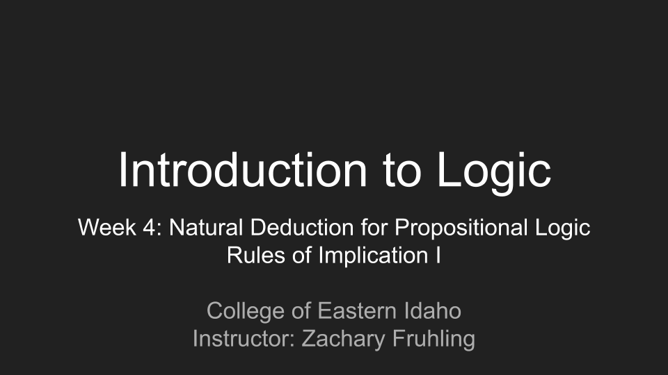 Introduction to Logic Online Course, Week 4: Natural Deduction for Propositional Logic, Rules of Implication I (Video Lecture)