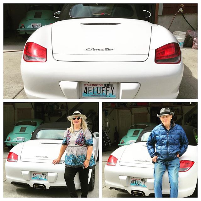 A big #thankyou to my sweet and generous husband Perry -  for both my Porsche, and my custom plate with his nickname for me #4FLUFFY! So sweet and am #grateful! #porschethereisnosubstitute #lovemyhusband #happybirthday @lauriehigman @justplainfamous
