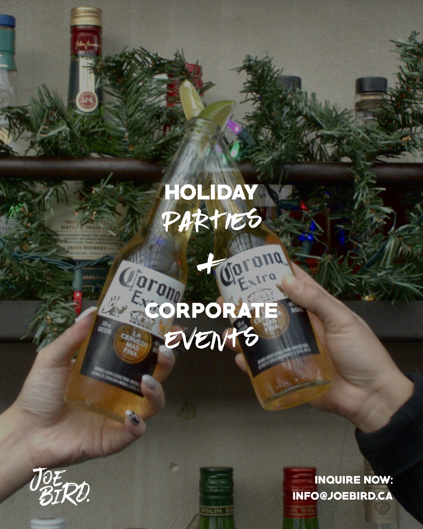 'Tis almost the season to celebrate 🎄⁠
⁠
Now booking holiday parties &amp; events, PLUS catering!⁠
⁠
Contact us directly though info@joebird.ca 🐓⁠
⁠
📍207 Queens Quay W