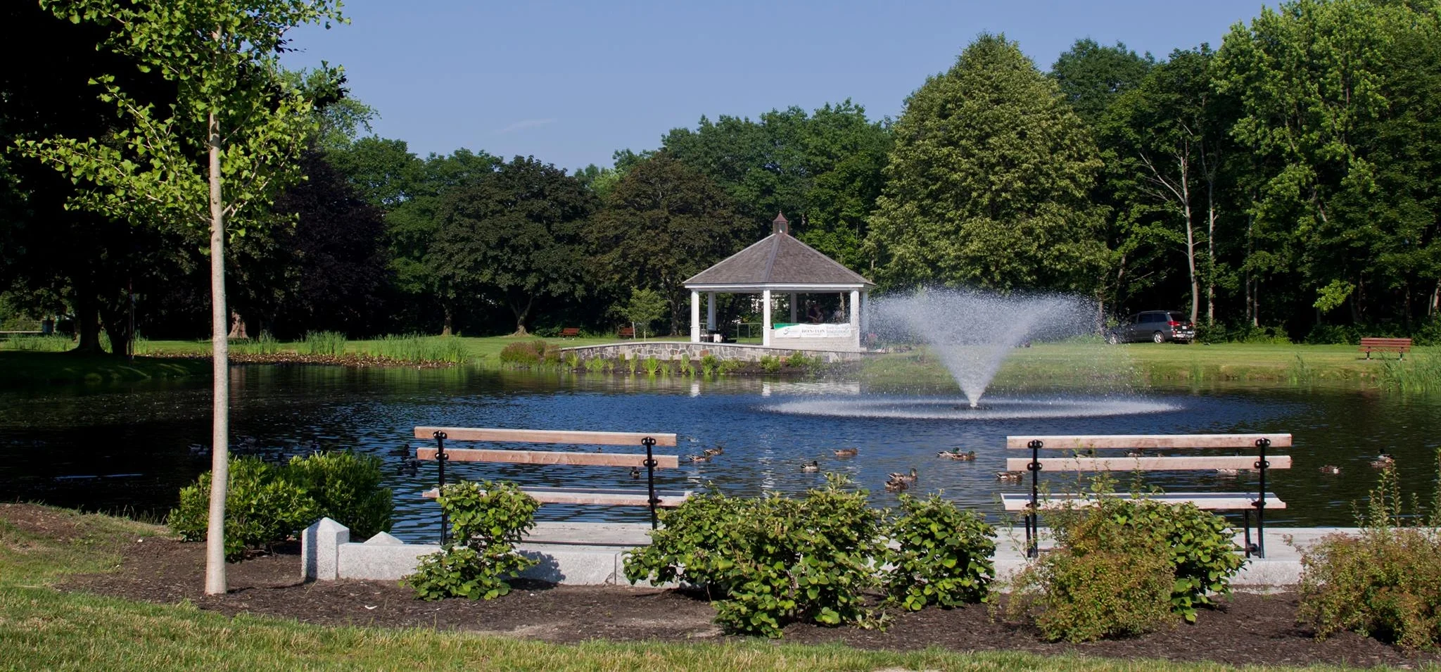 A feature of Mill Creek Park is the duck pond, which offers seating and a fountain