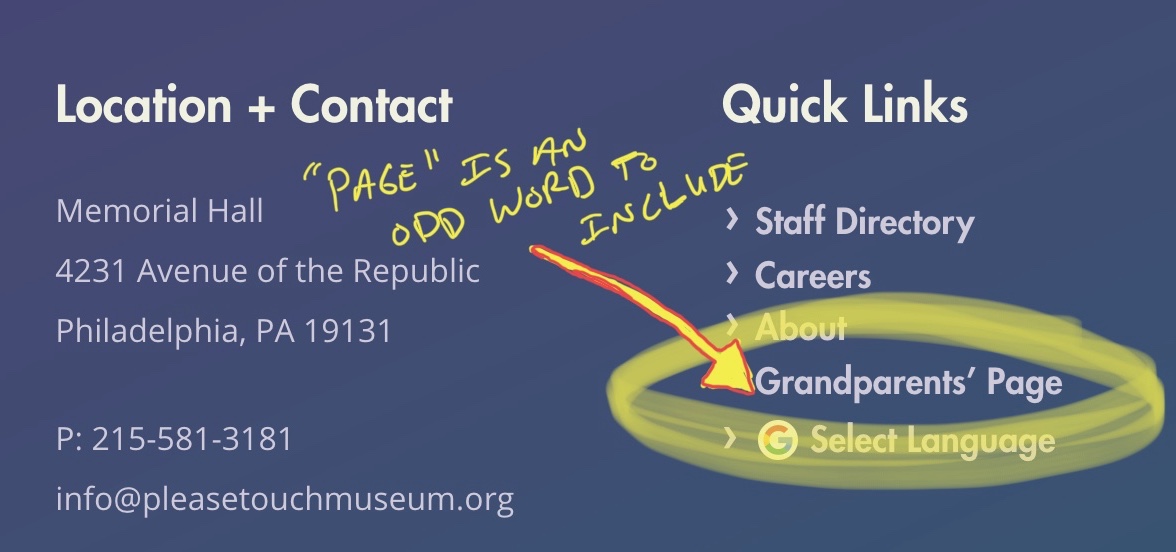 The Please Touch Museum’s footer includes a link to a Grandparents’ page.