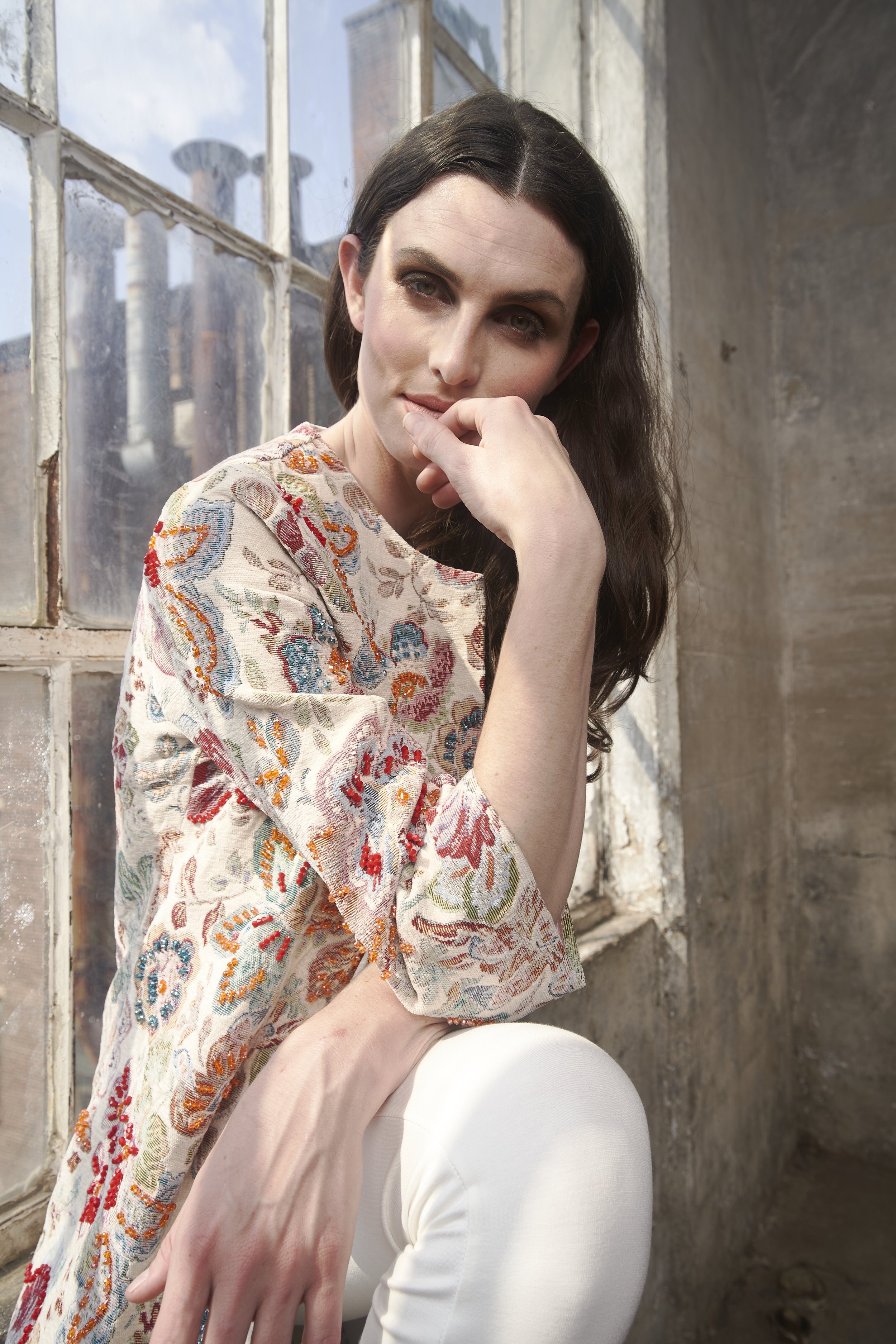 Hand beaded silk tapestry coat in multicolor beading and tapestry