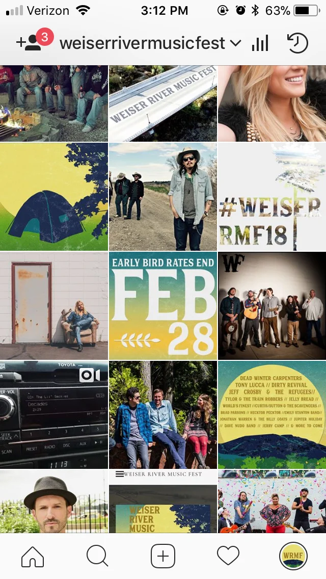 Instagram layout for the Weiser River Music Festival. I am the head of the marketing team for this event. https://www.instagram.com/weiserrivermusicfest/