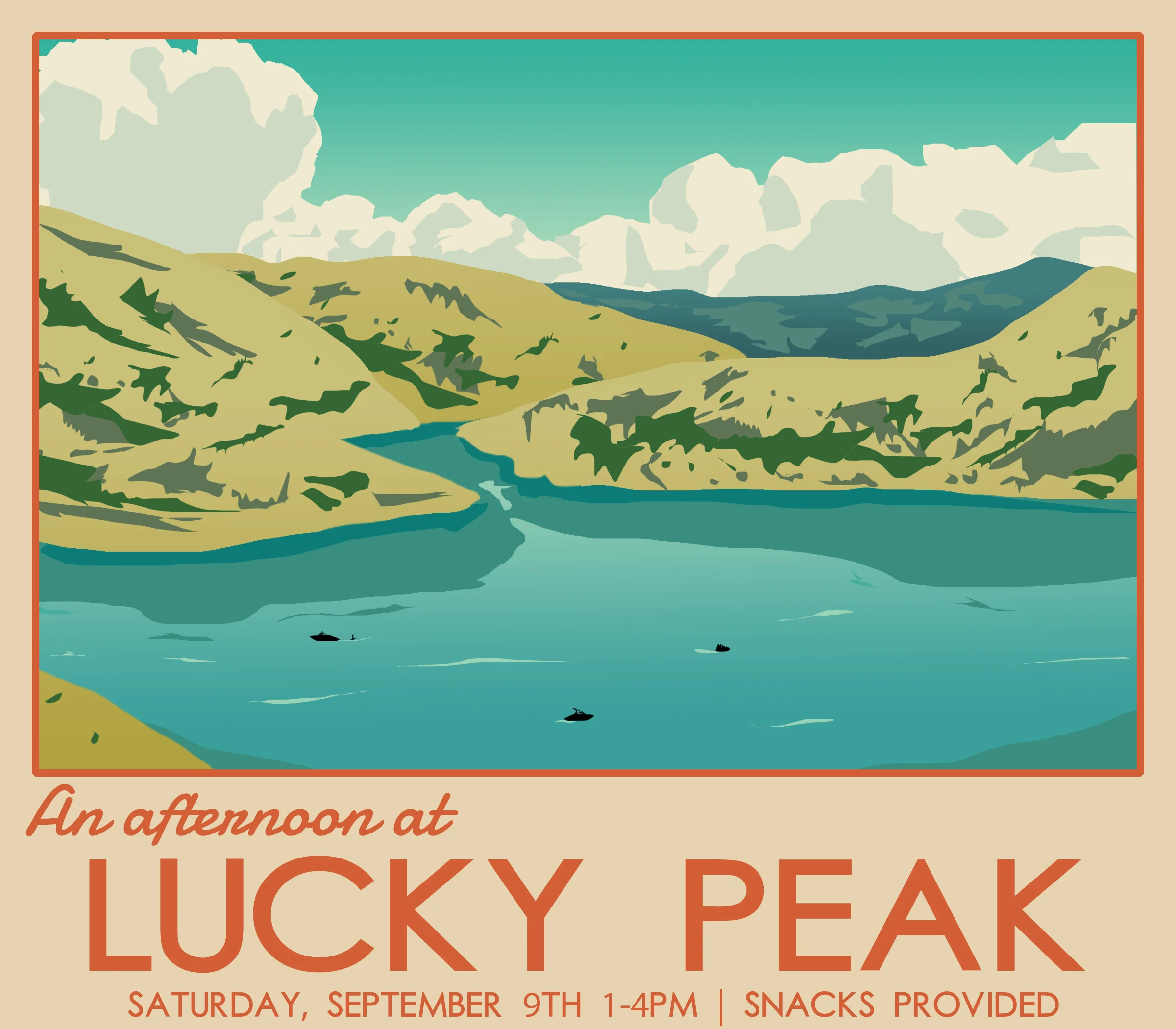 Graphic for Cru's Lake Day, designed to imitate a vintage National Park postcard. Used for pamphlets, Instagram/Facebook, and slides. 