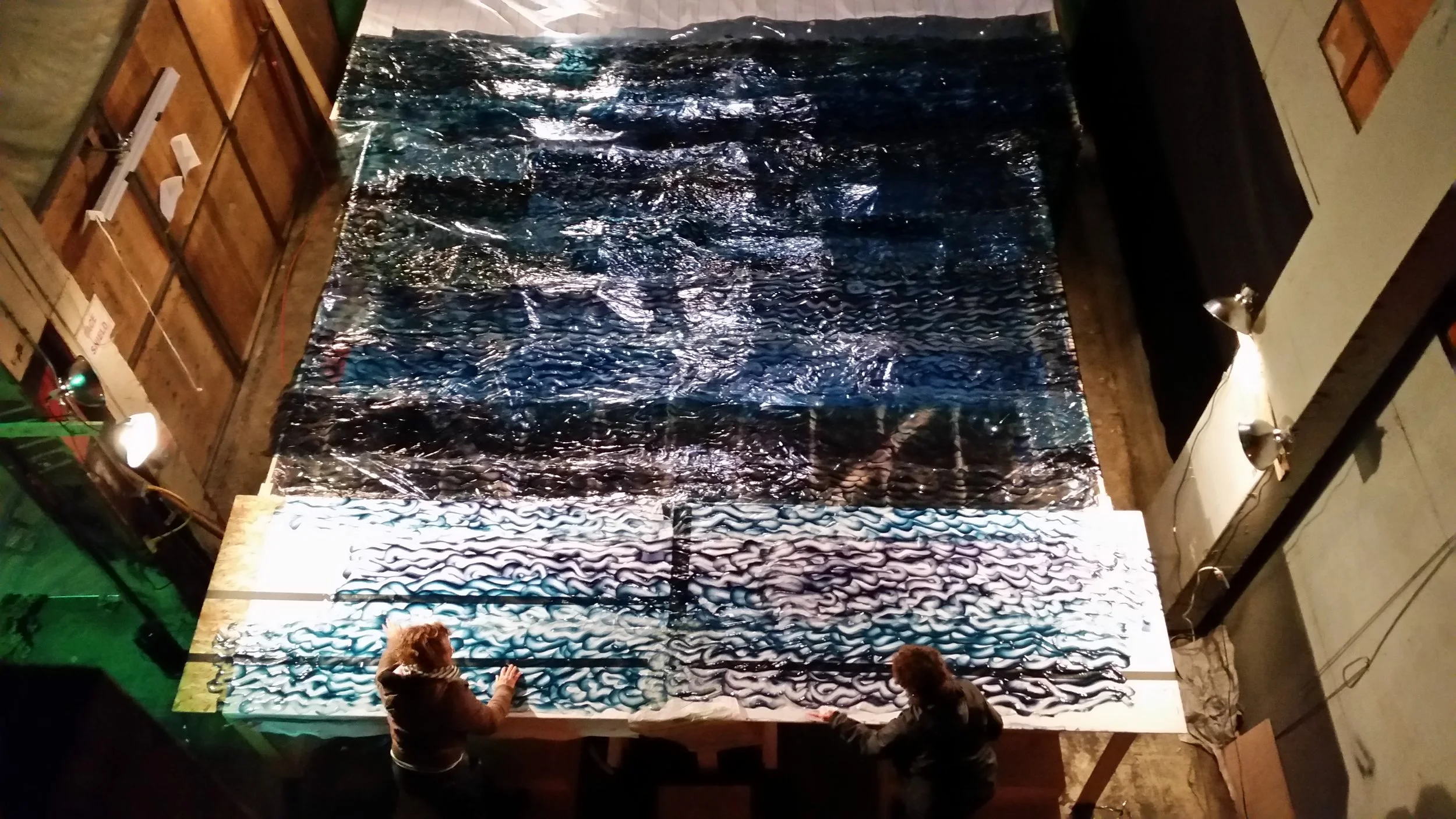 The artificial ocean from above, adding the finishing touches. Photograph by Kathleen Chamberlin